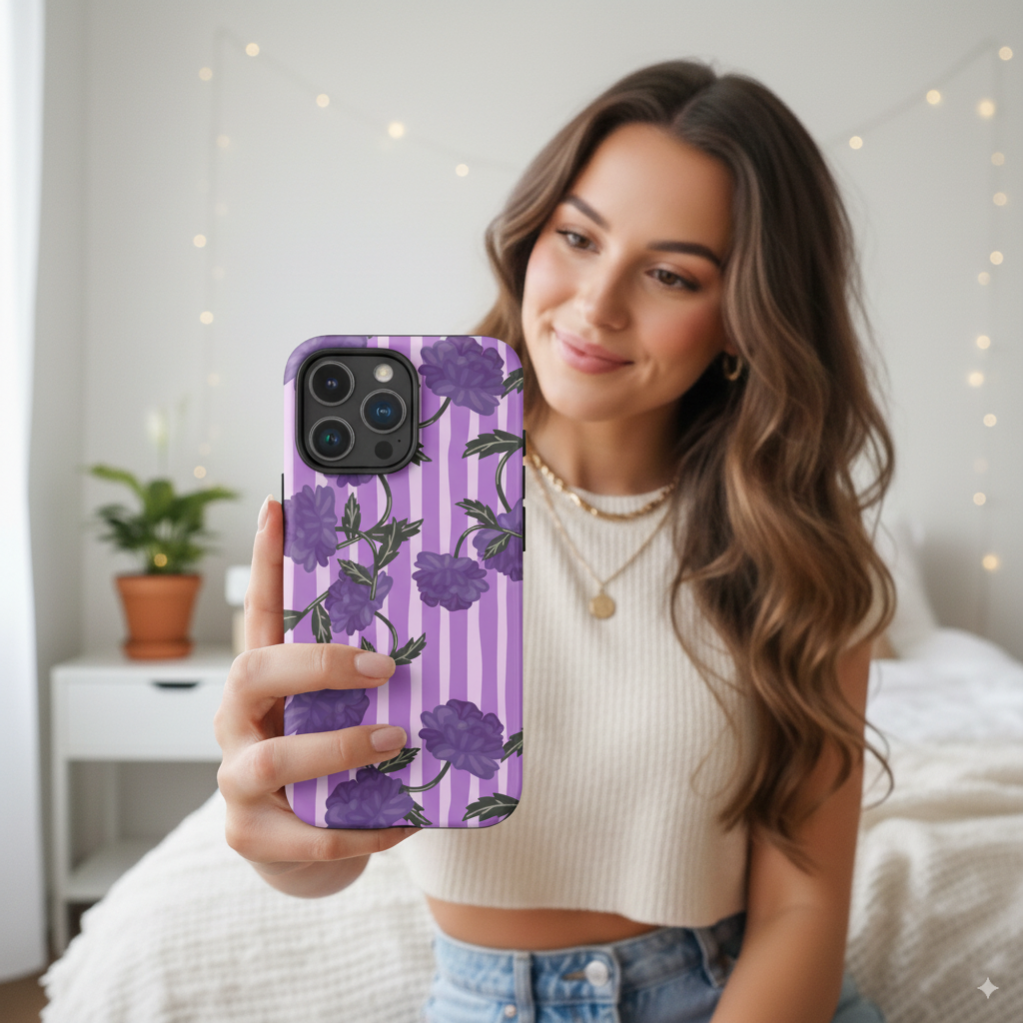 Lilac Stripe Florals Tough Case for iPhone