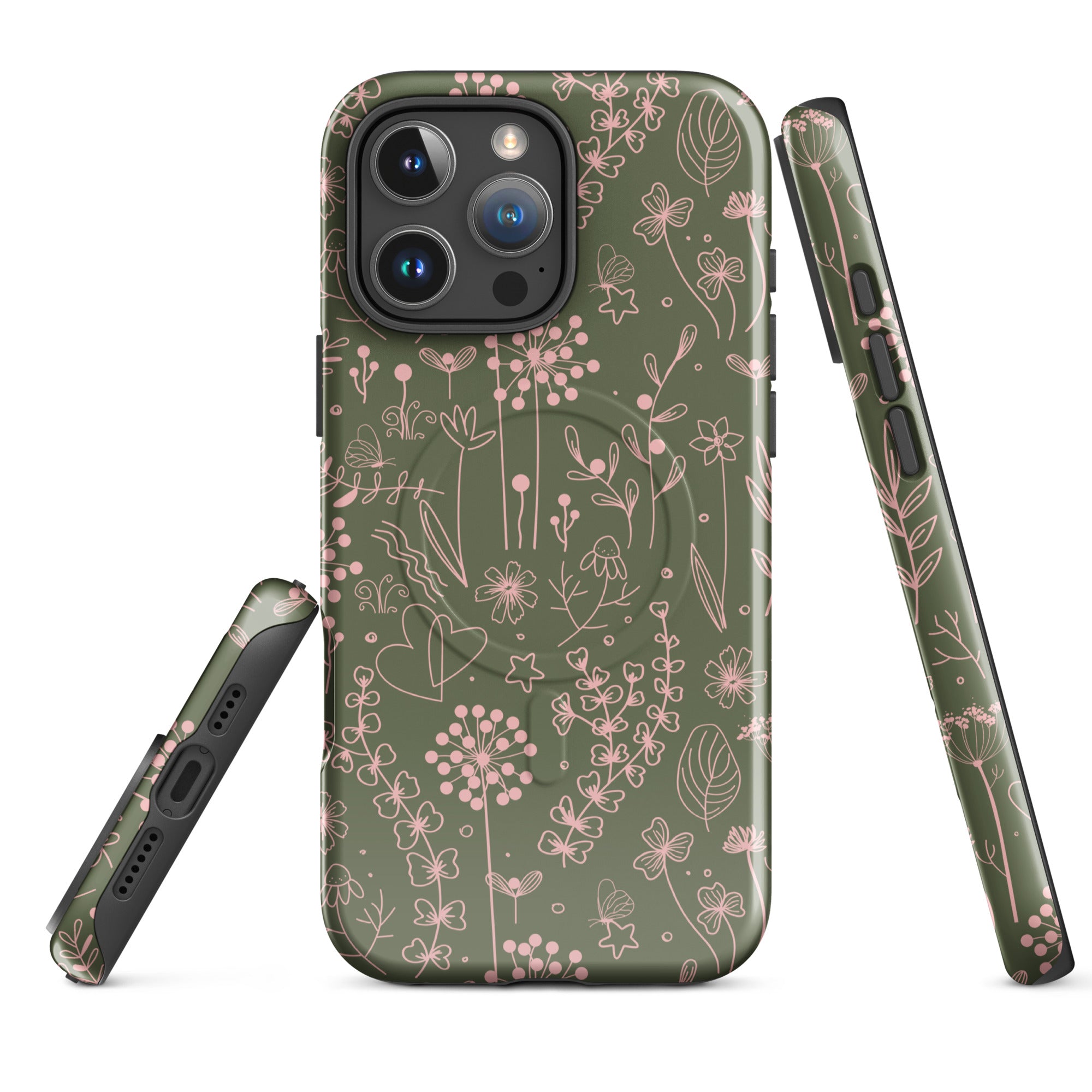 Olive Green Pink Line Art Floral MagSafe Tough Case for iPhone