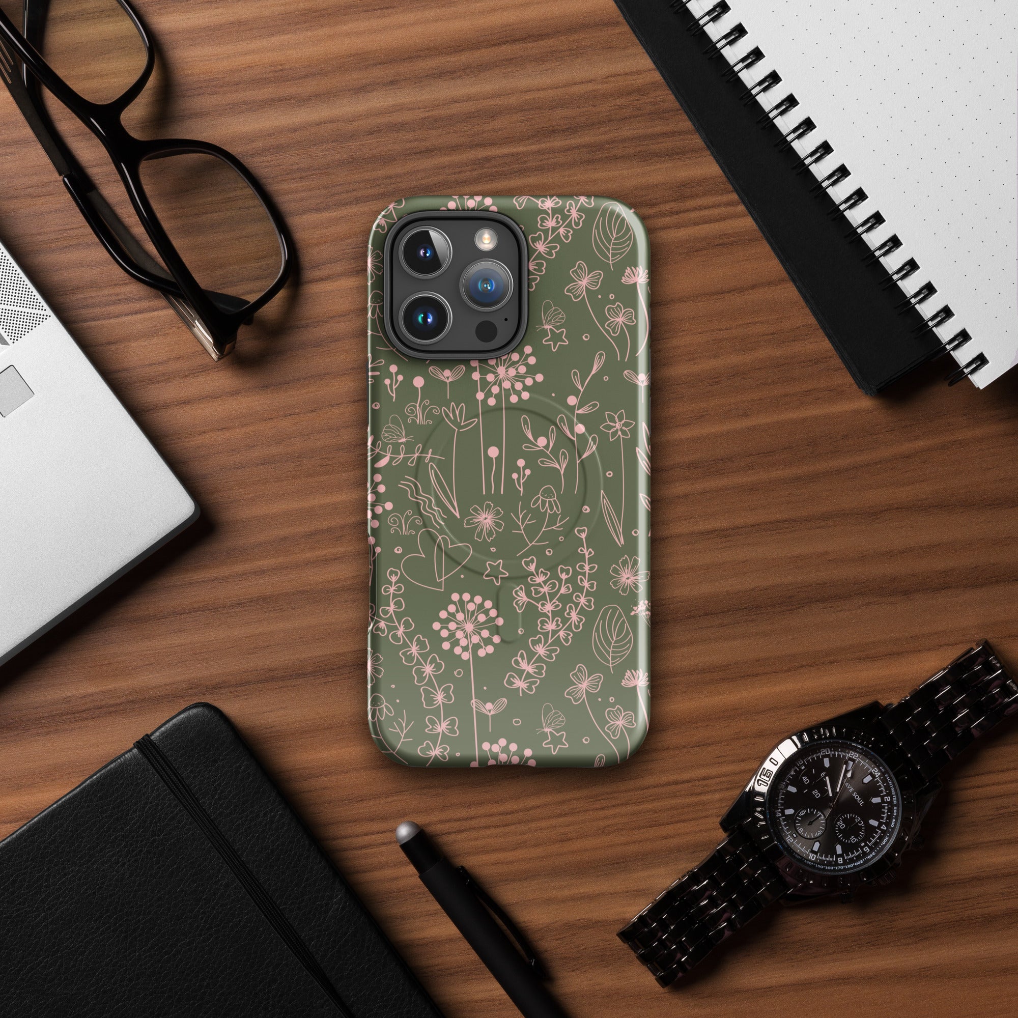 Olive Green Pink Line Art Floral MagSafe Tough Case for iPhone
