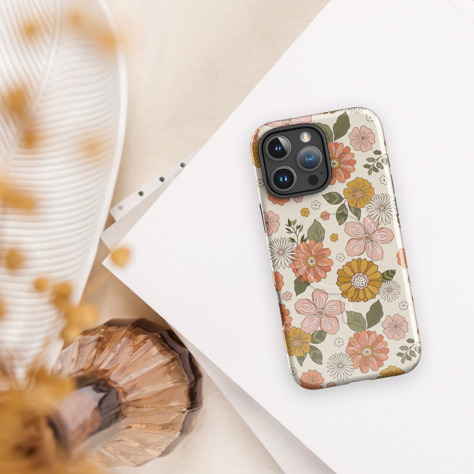 Retro Floral Cream MagSafe Tough Case for iPhone