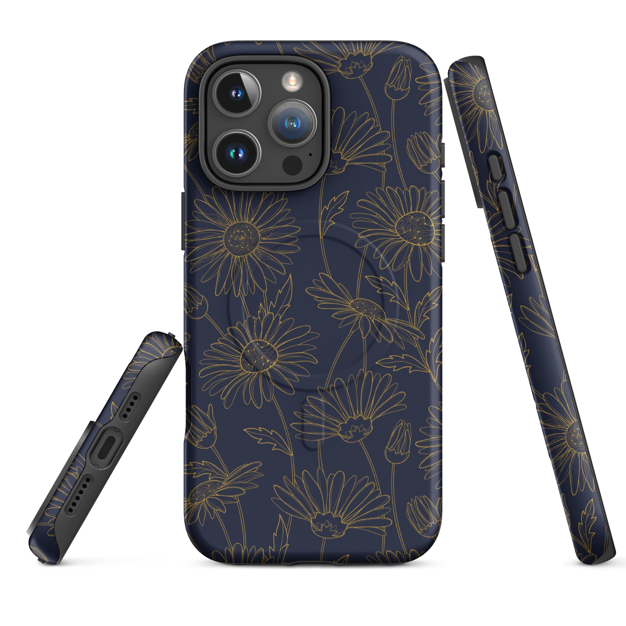 Navy and Gold Daisy Floral MagSafe Tough Case for iPhone