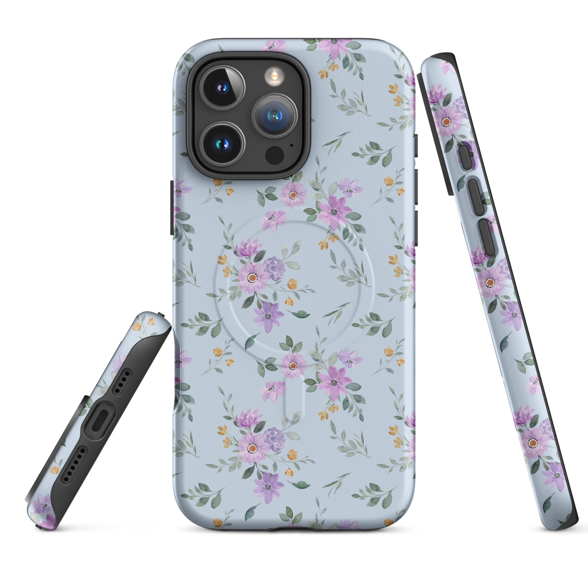 Floral Blue and Lilac MagSafe Tough Case for iPhone