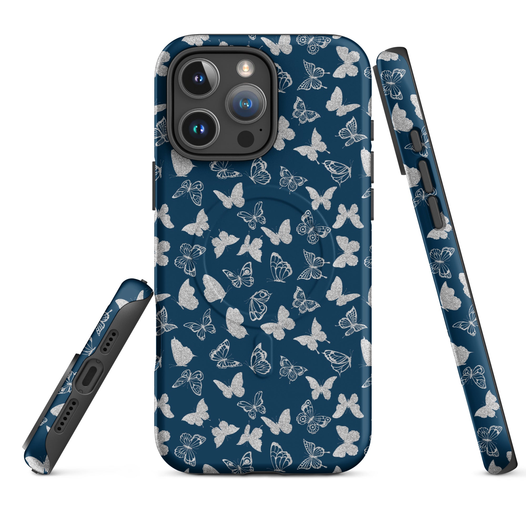 Navy Butterfly Pattern MagSafe Tough Case for iPhone