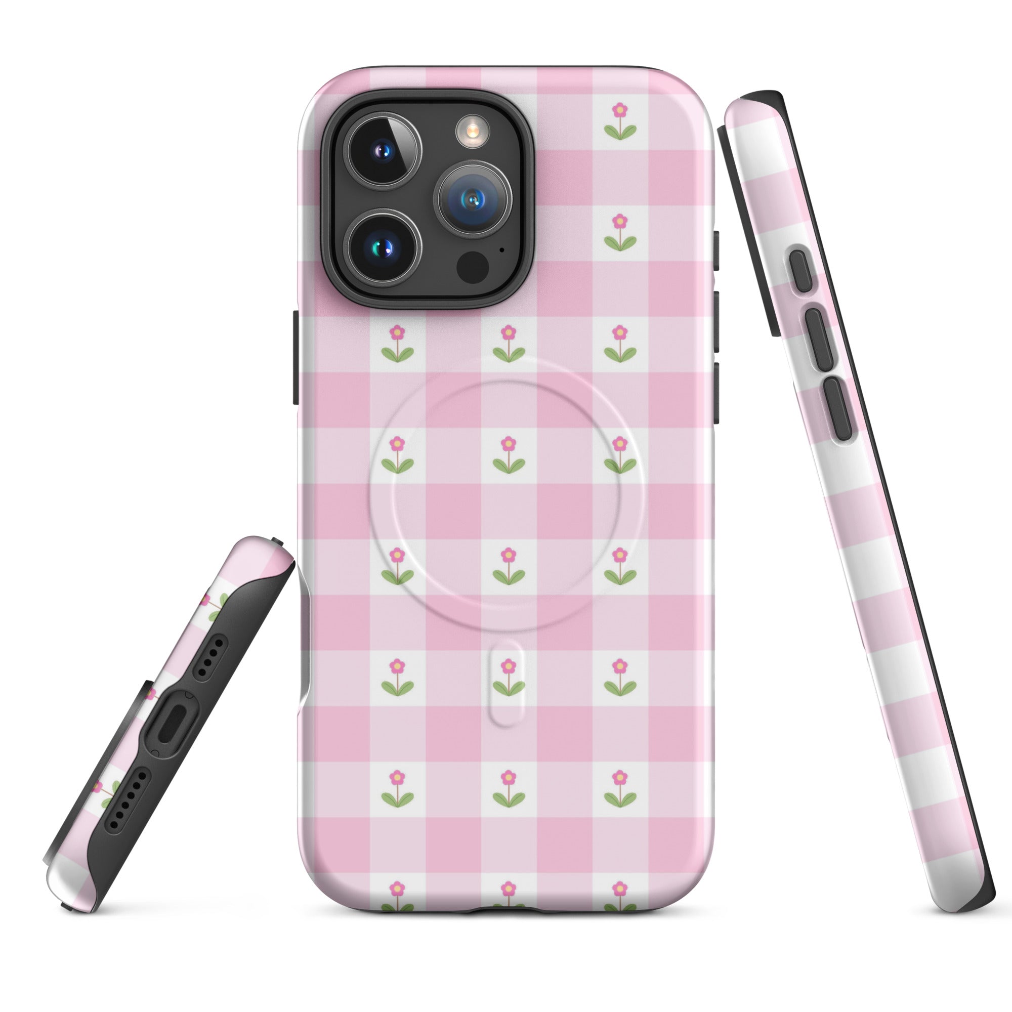 Blush Pink Gingham Floral MagSafe Tough Case for iPhone