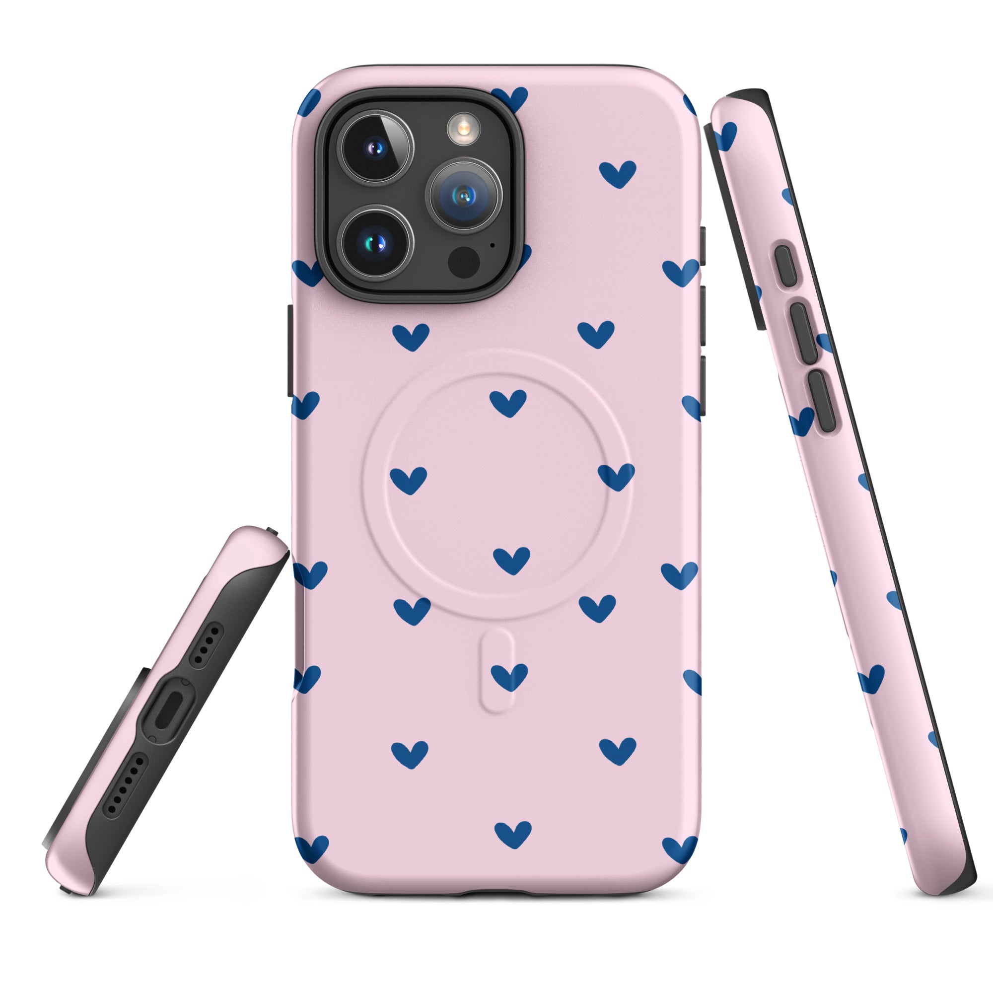 Blush Pink Heart Pattern Navy MagSafe Tough Case for iPhone
