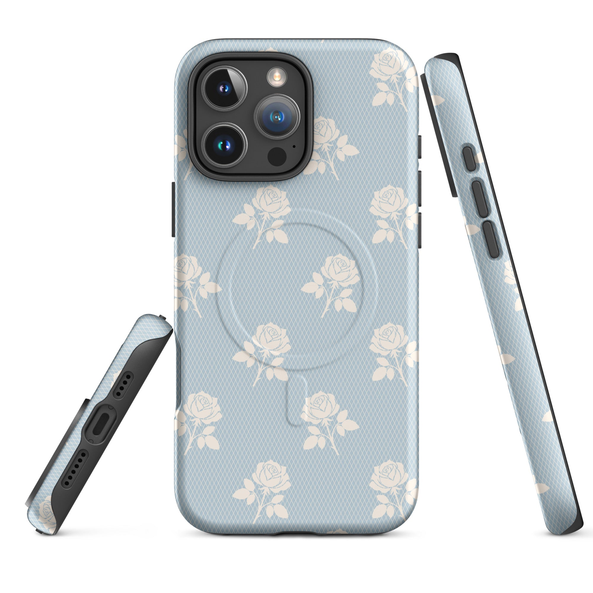 Powder Blue Lace Rose Grid MagSafe Tough Case for iPhone