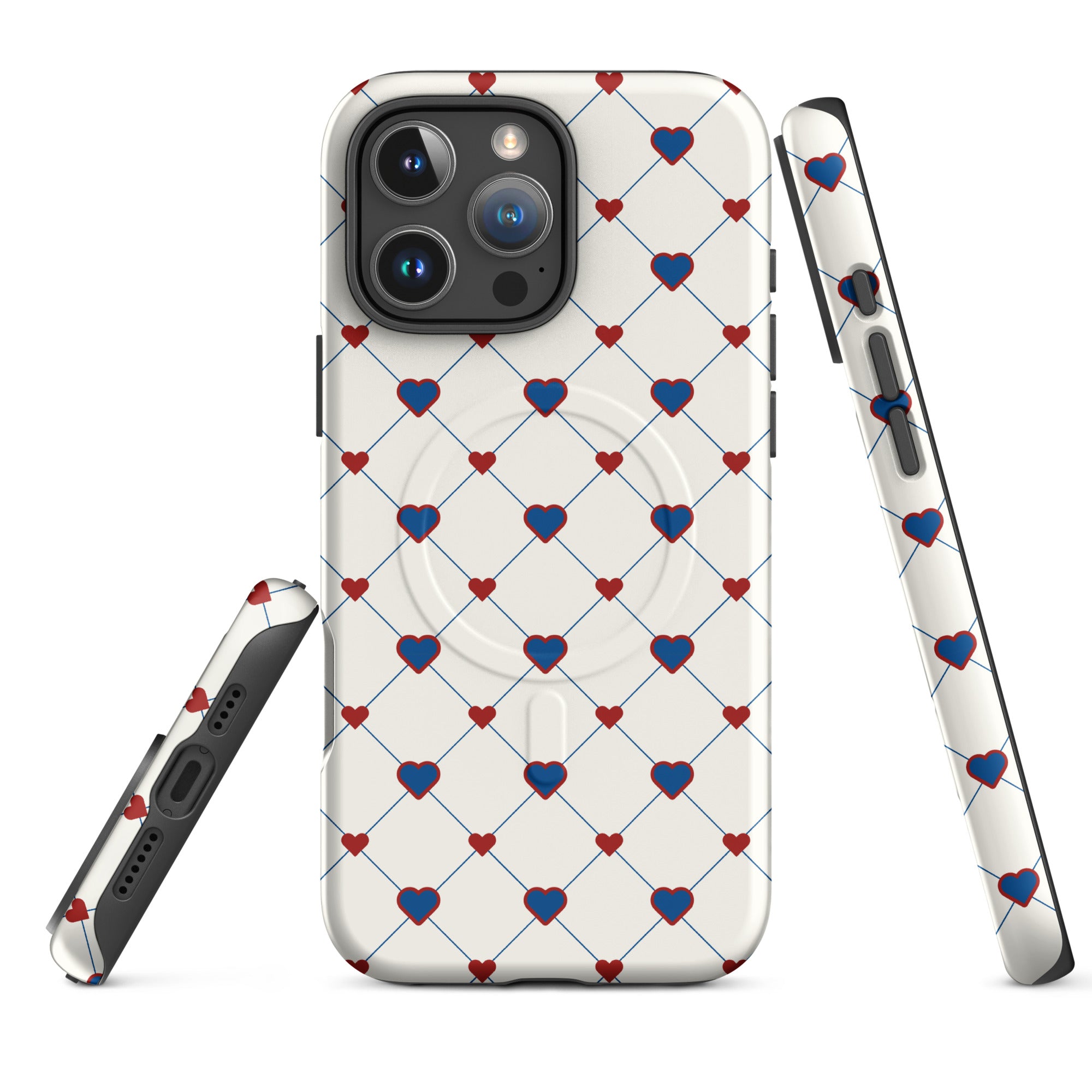 Red White & Blue Heart Grid MagSafe Tough Case for iPhone