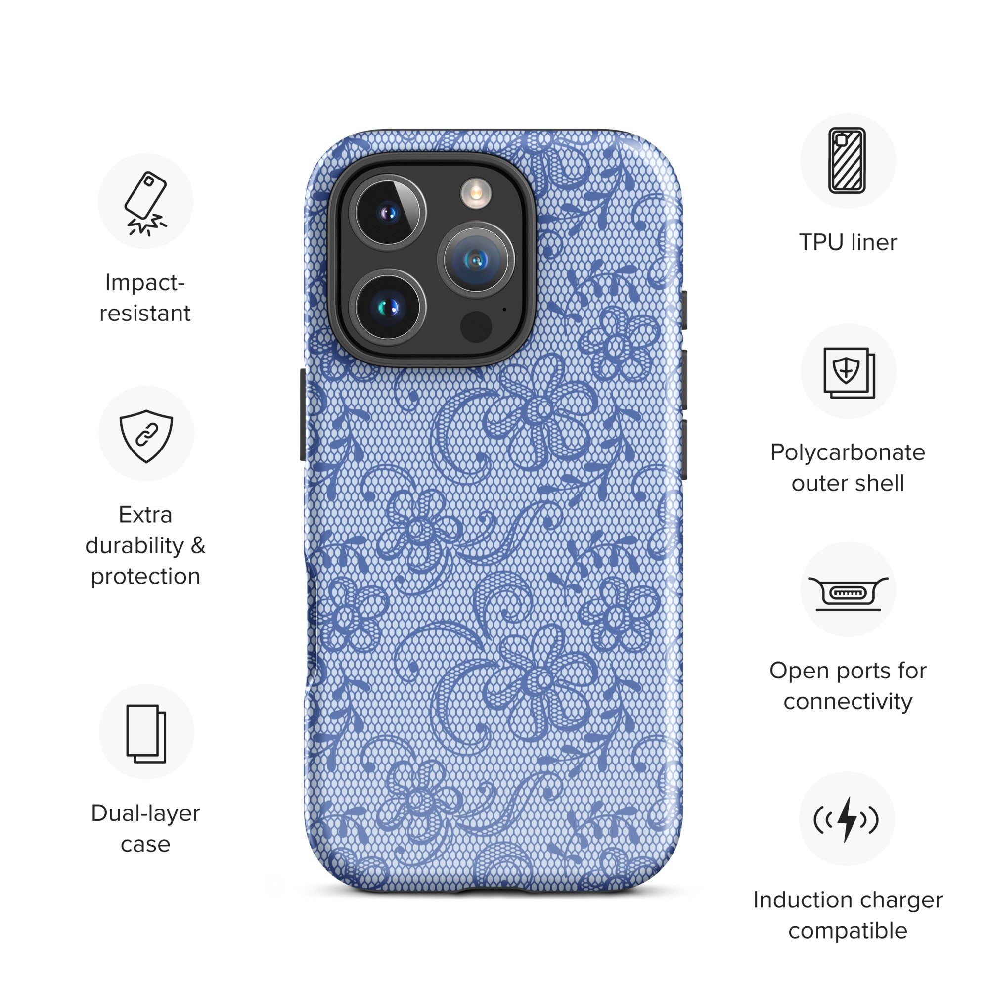 Blue Lace Floral Tough Case for iPhone