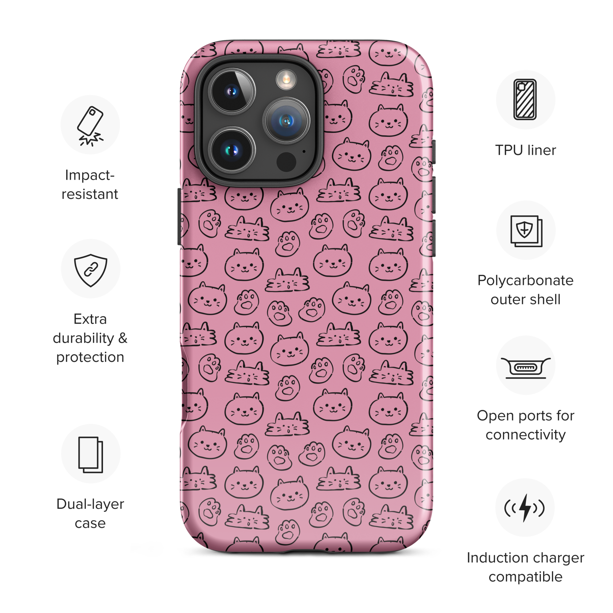 Pink Cat Pattern Tough Case for iPhone