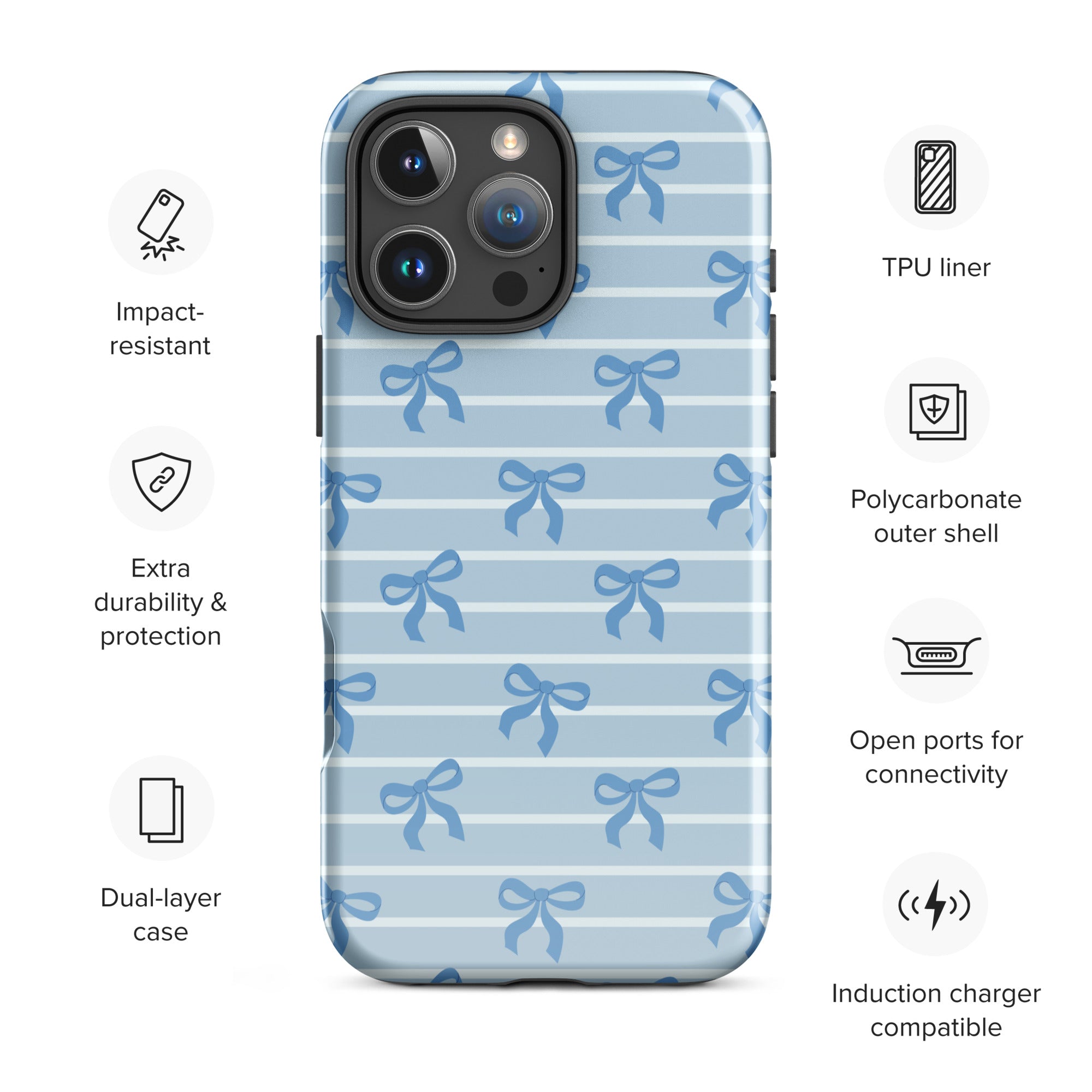 Blue Bow Striped Tough Case for iPhone