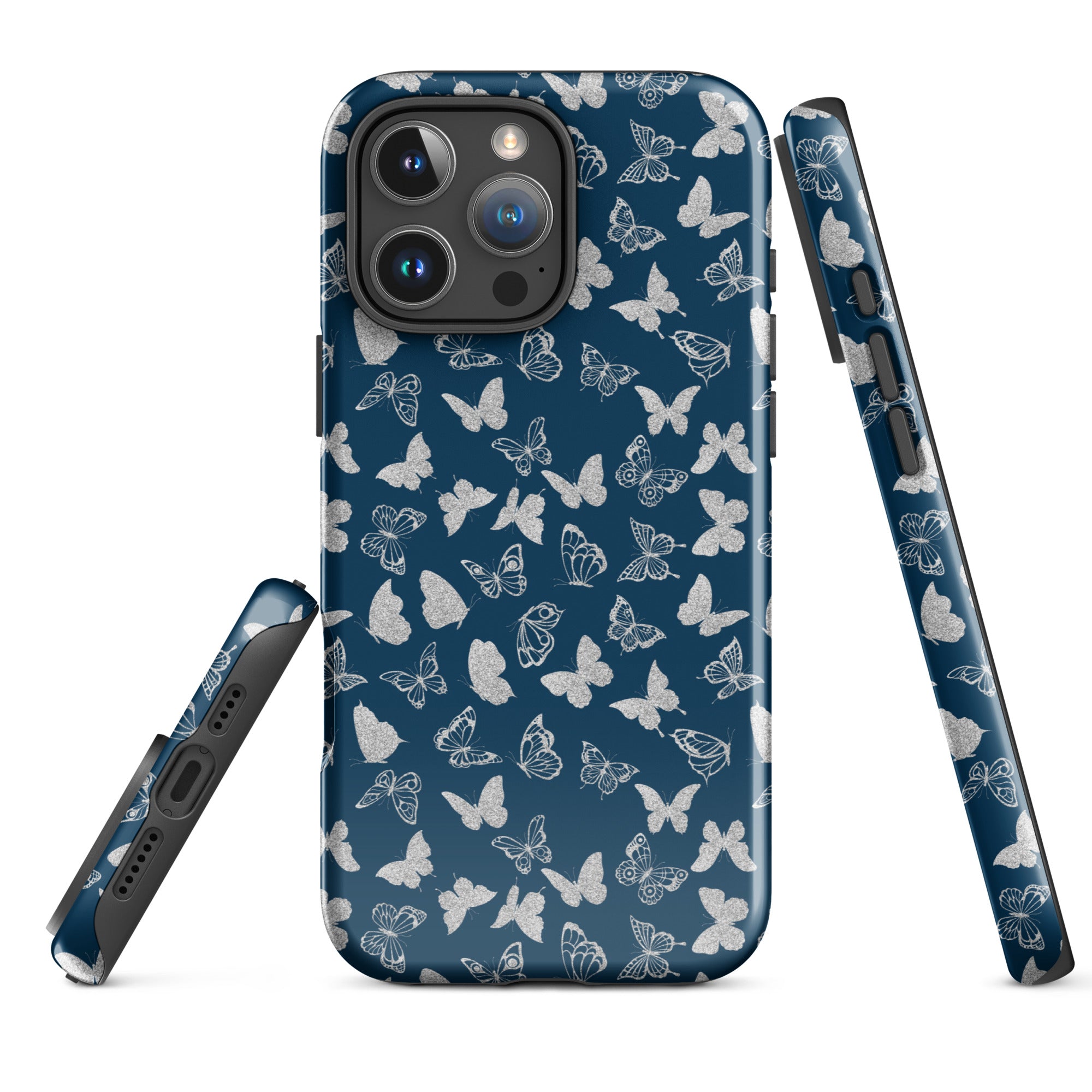 Navy Butterfly Pattern Tough Case for iPhone