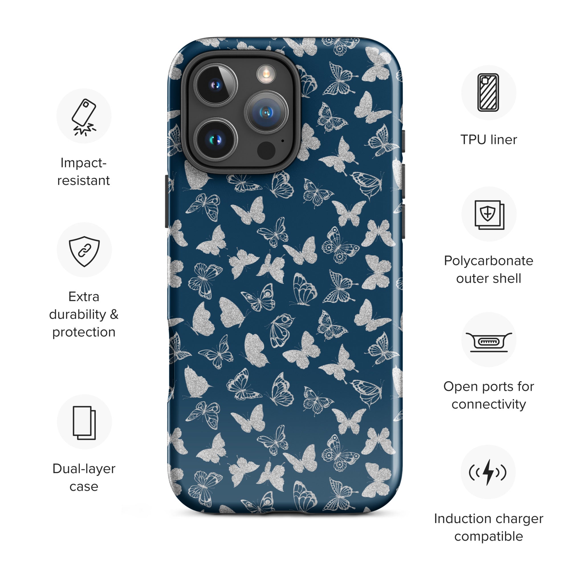 Navy Butterfly Pattern Tough Case for iPhone