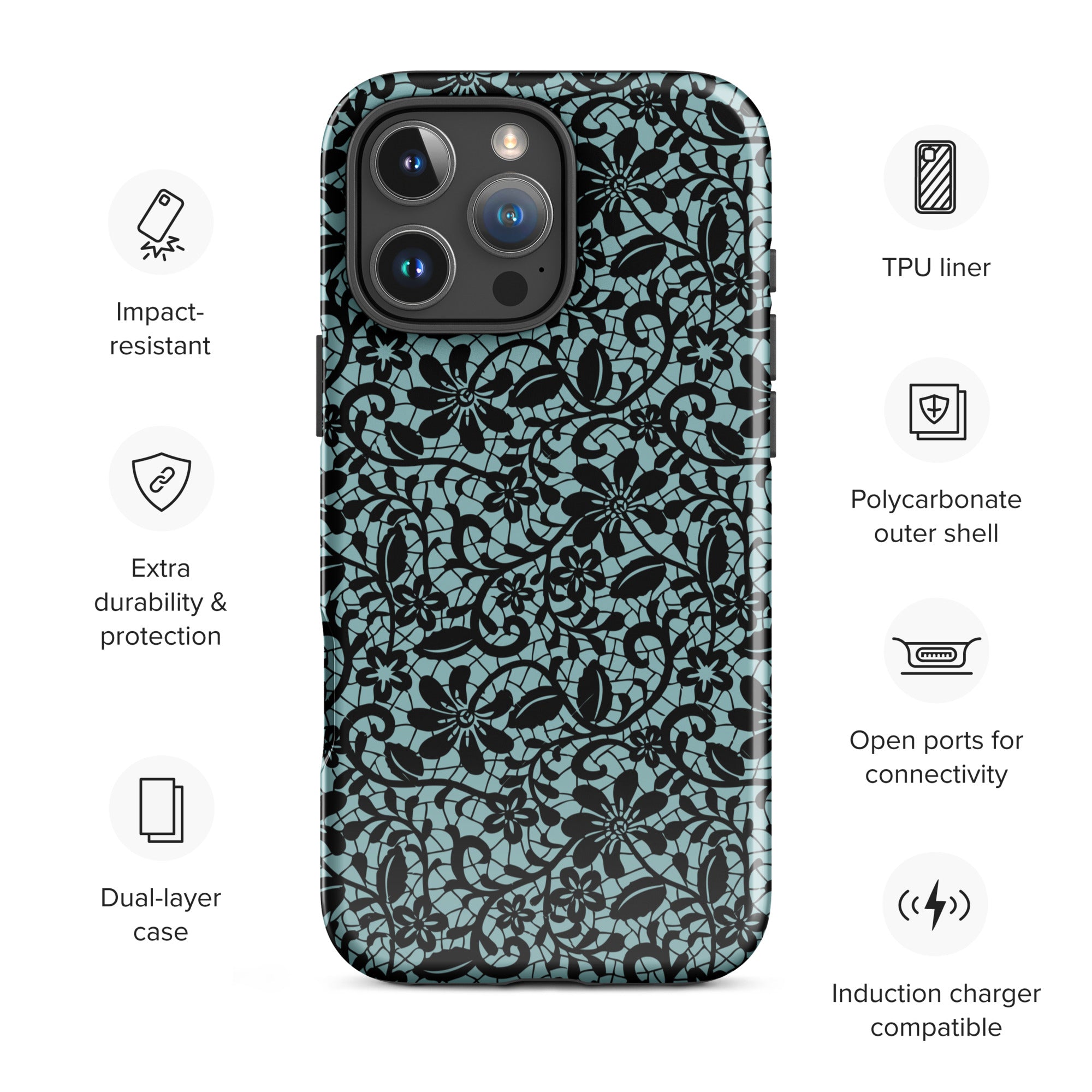 Black Lace Teal Tough Case for iPhone