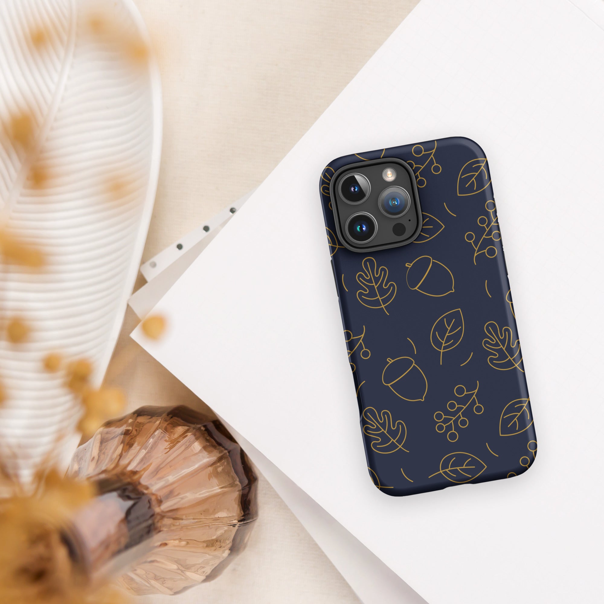 Navy Acorn Leaf Tough Case for iPhone