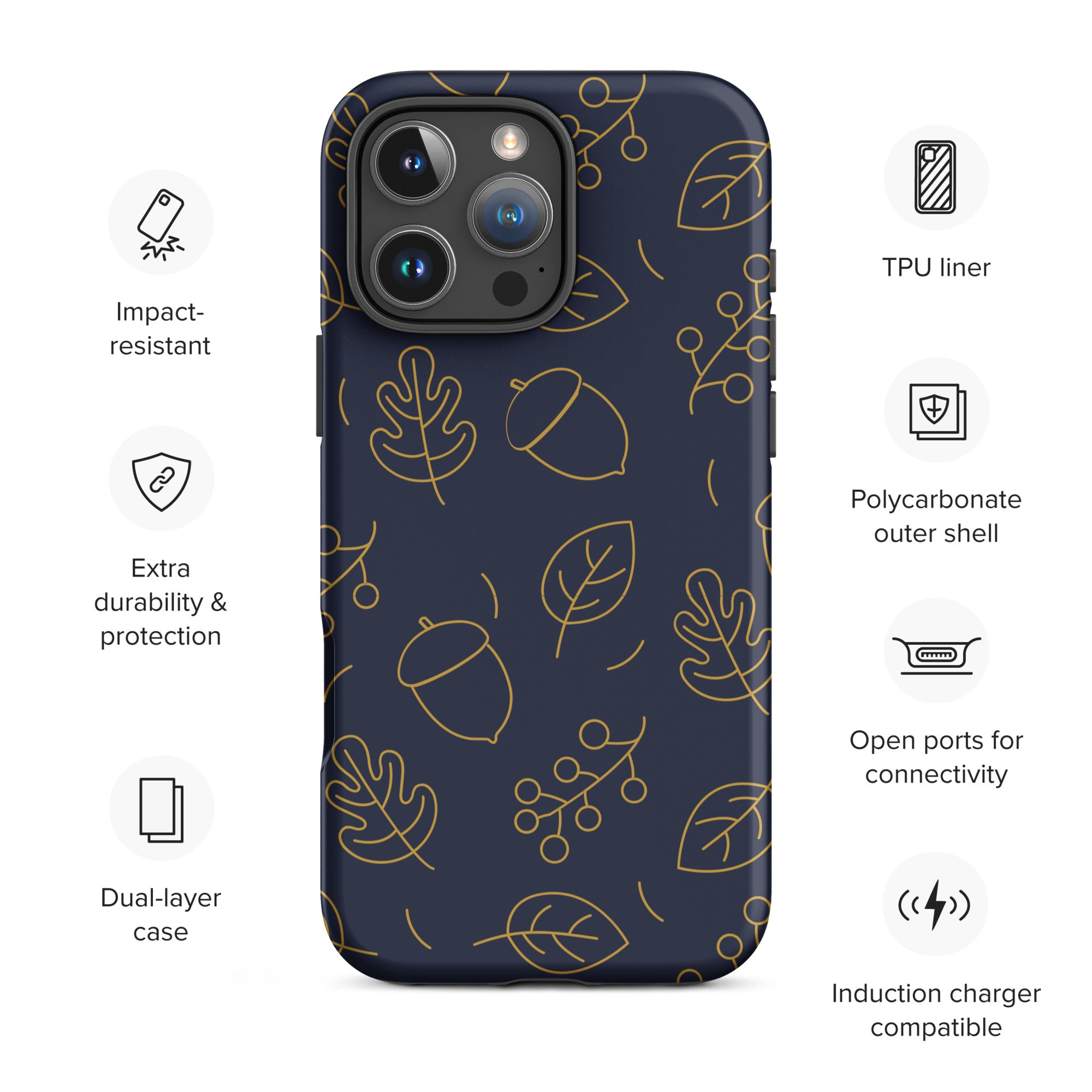Navy Acorn Leaf Tough Case for iPhone