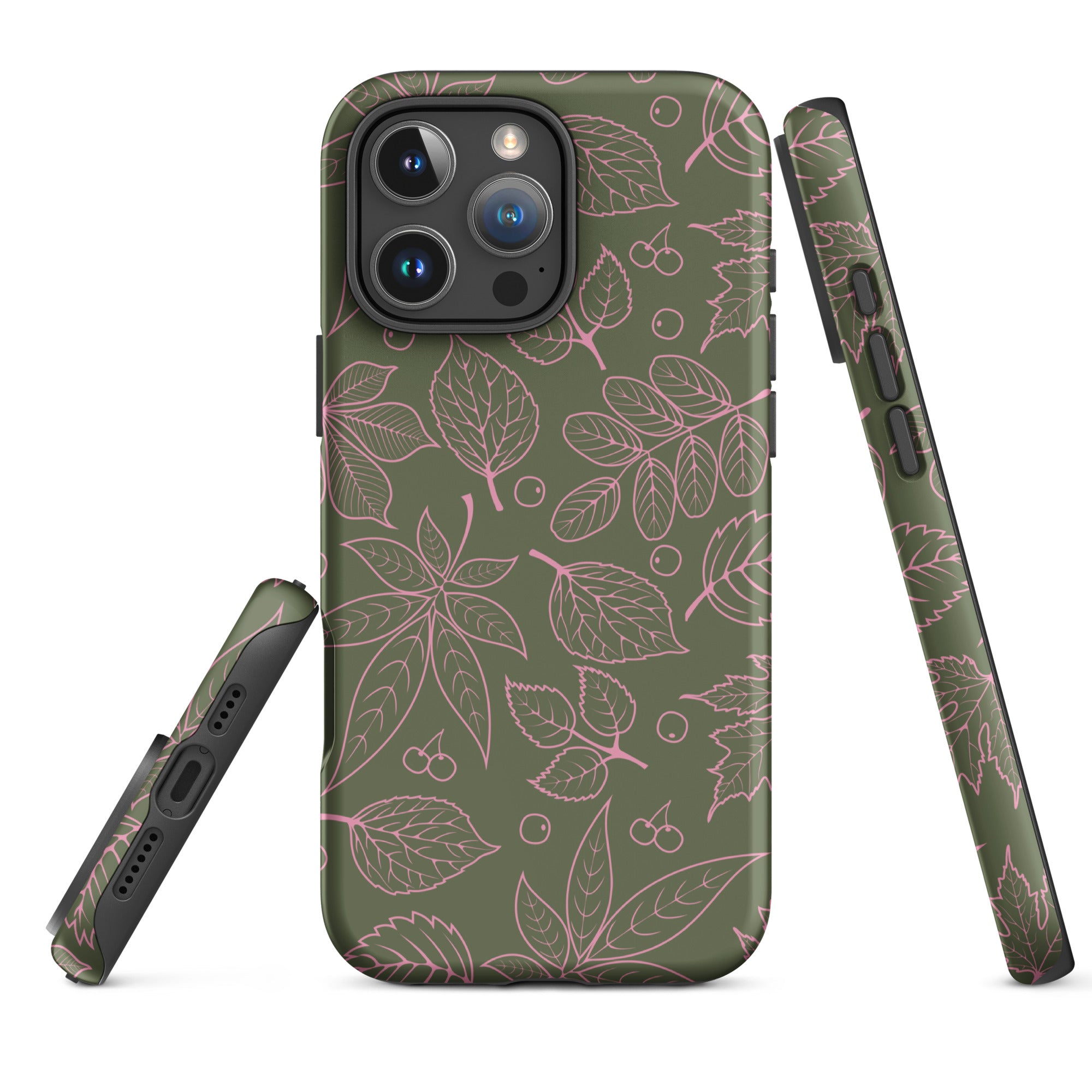 Pink on Olive Leaf Pattern Tough Case for iPhone
