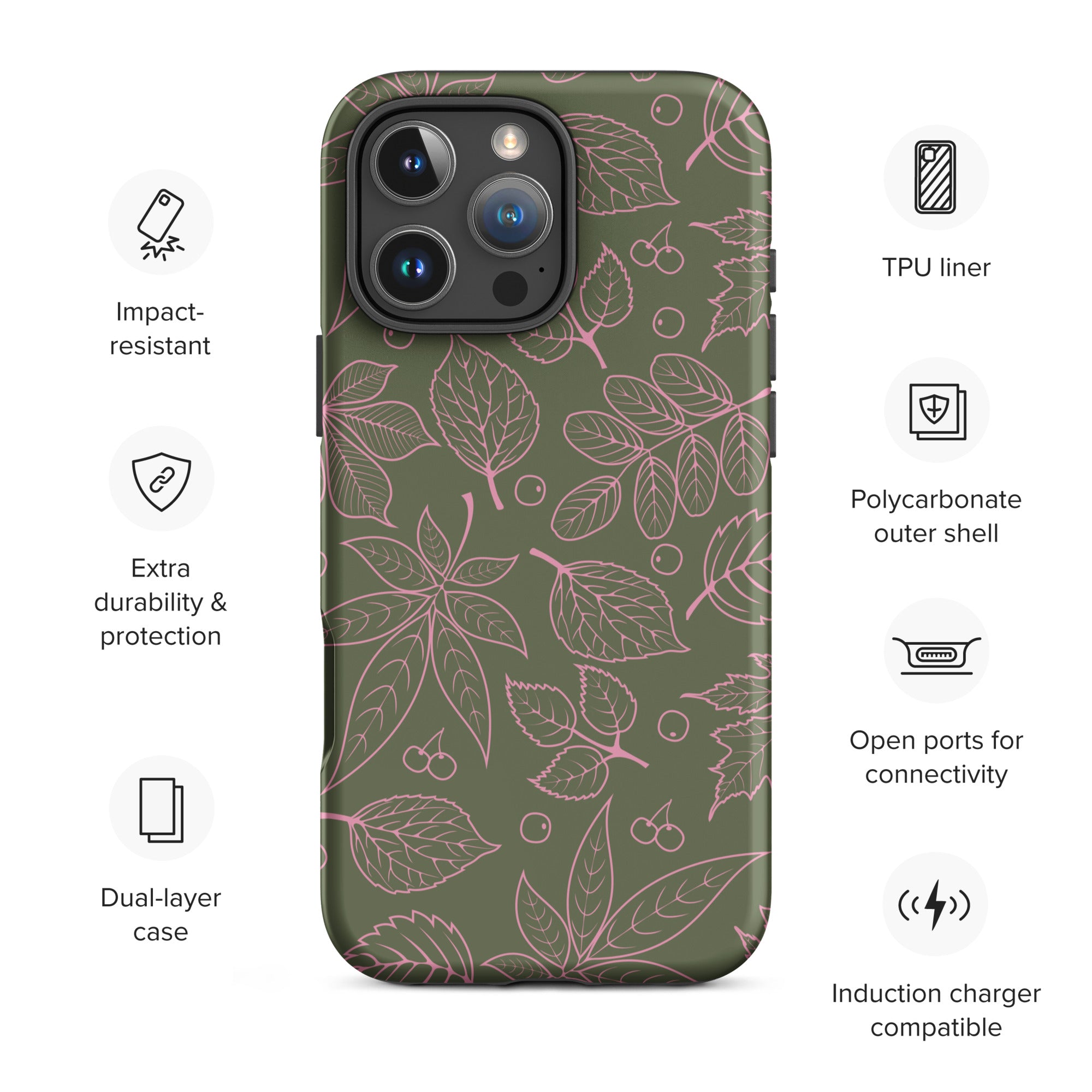 Pink on Olive Leaf Pattern Tough Case for iPhone