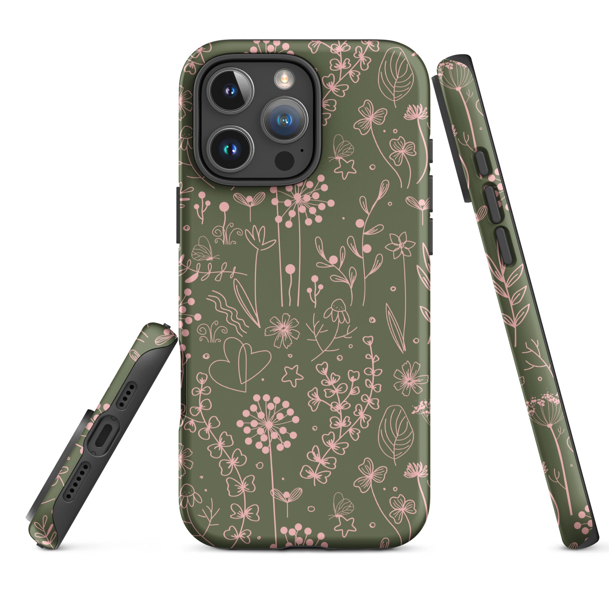 Olive Green Pink Line Art Floral Tough Case for iPhone