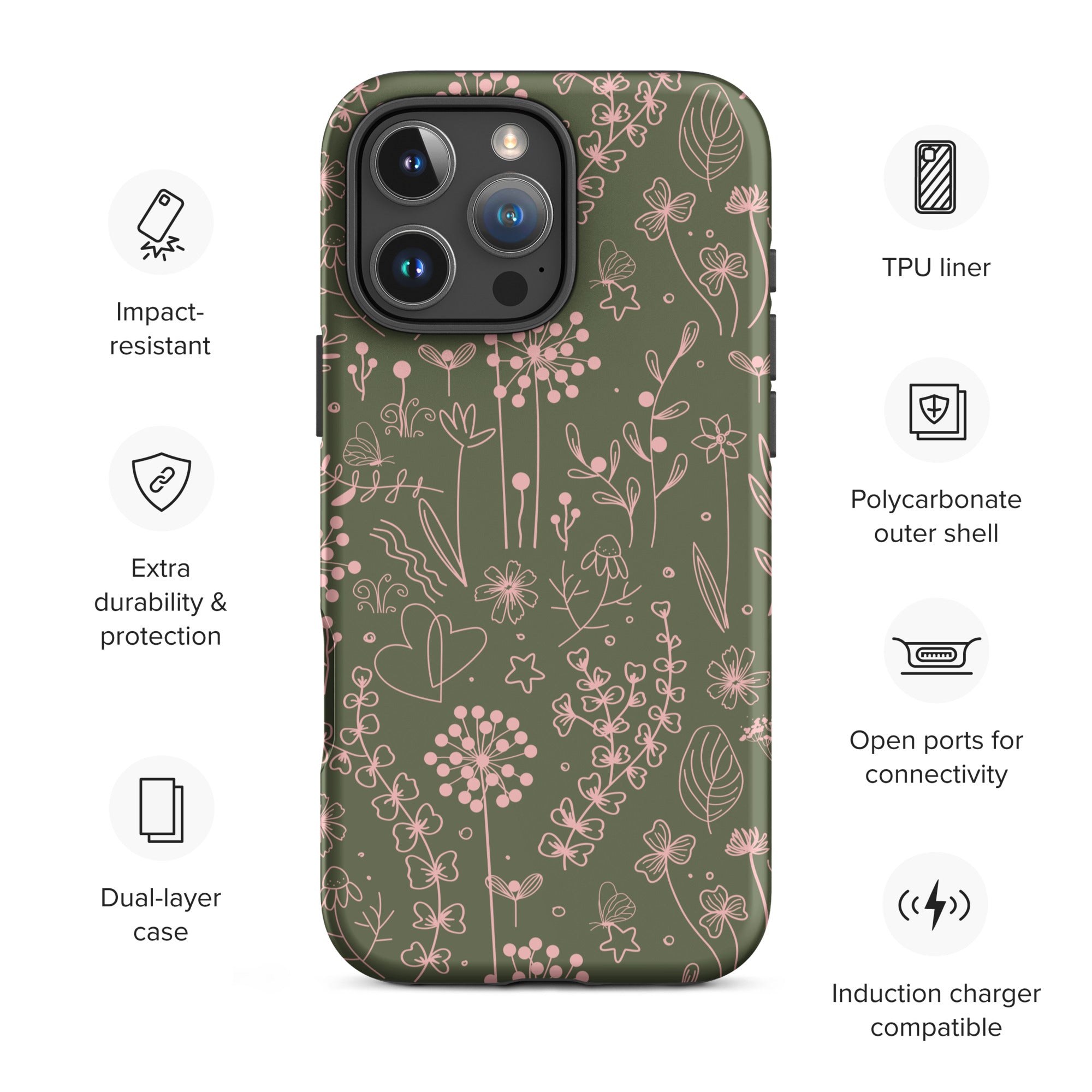 Olive Green Pink Line Art Floral Tough Case for iPhone