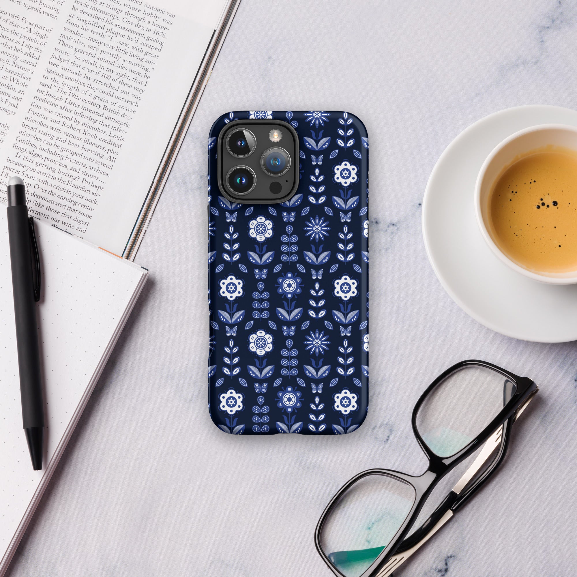 Navy Folk Floral Tough Case for iPhone
