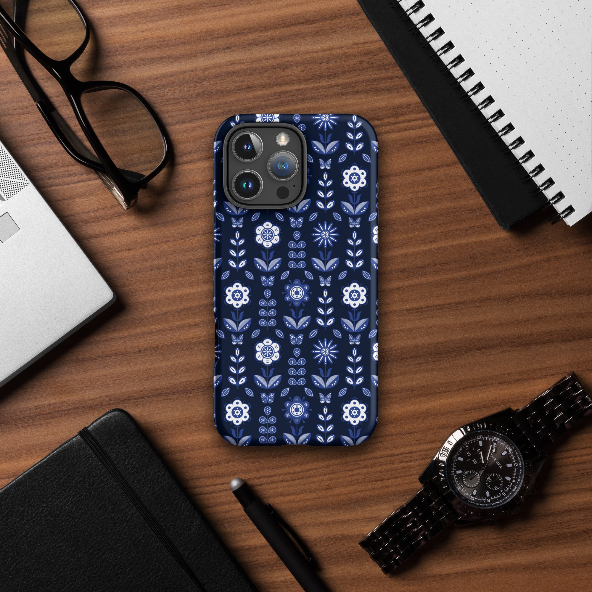 Navy Folk Floral Tough Case for iPhone