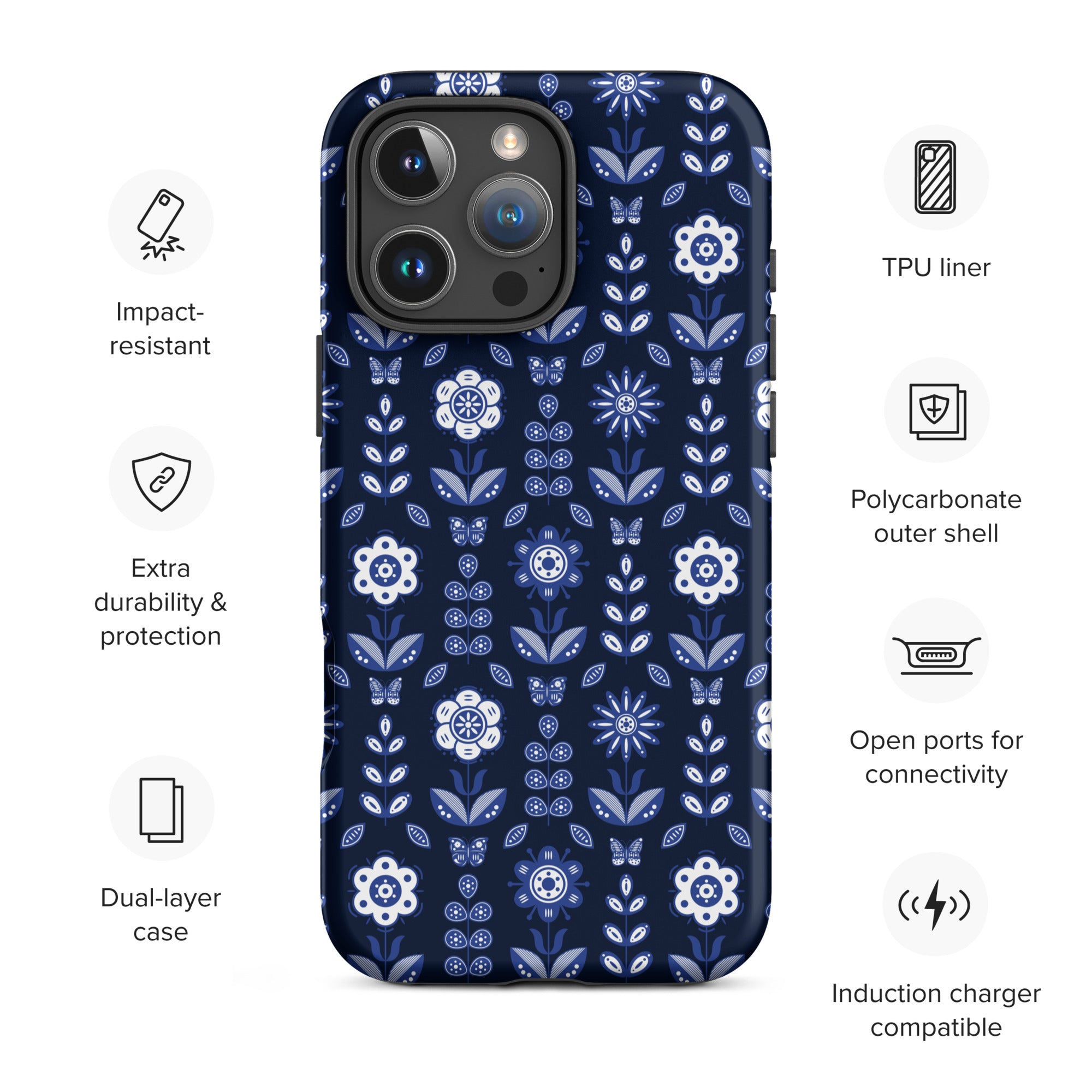 Navy Folk Floral Tough Case for iPhone