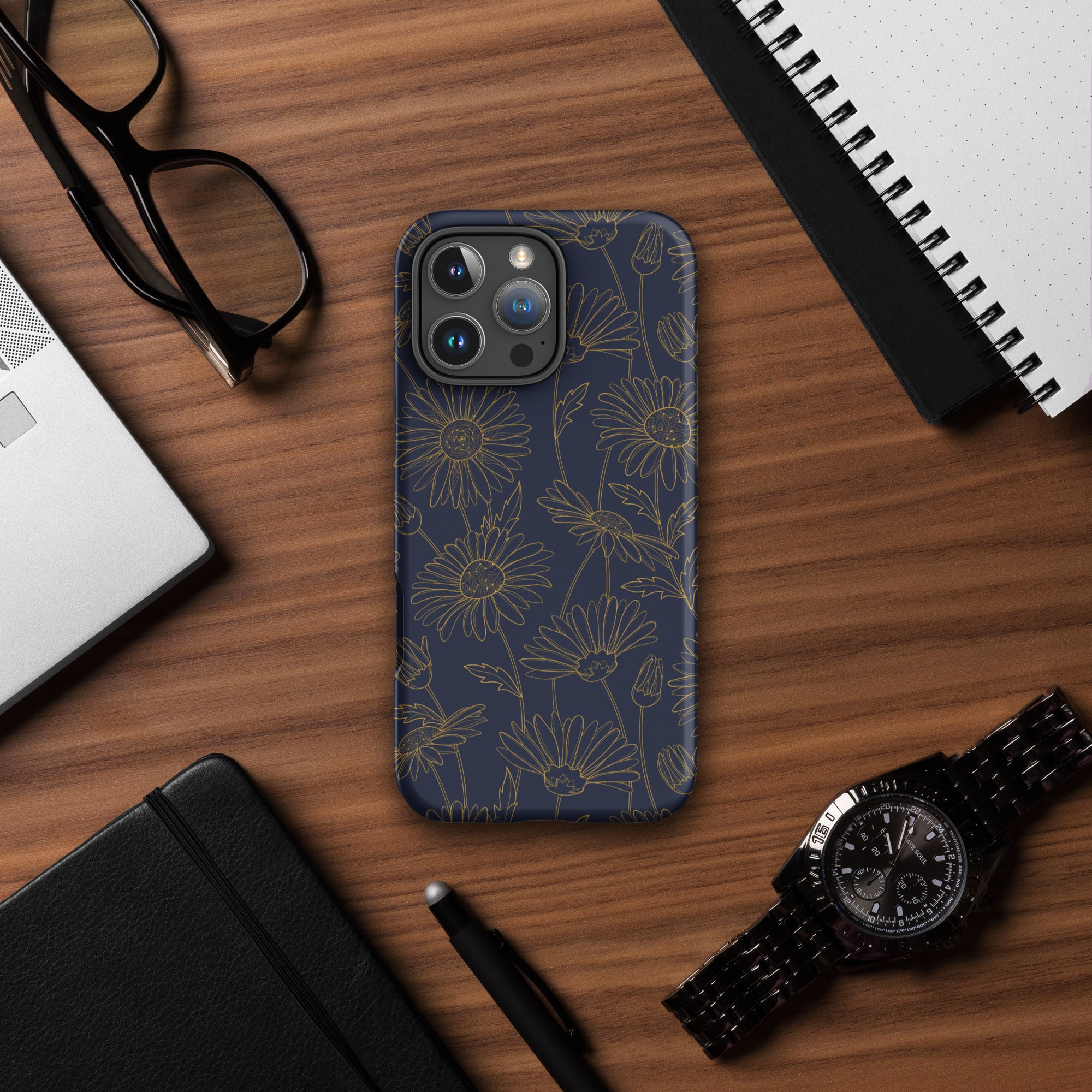 Navy and Gold Daisy Floral Tough Case for iPhone