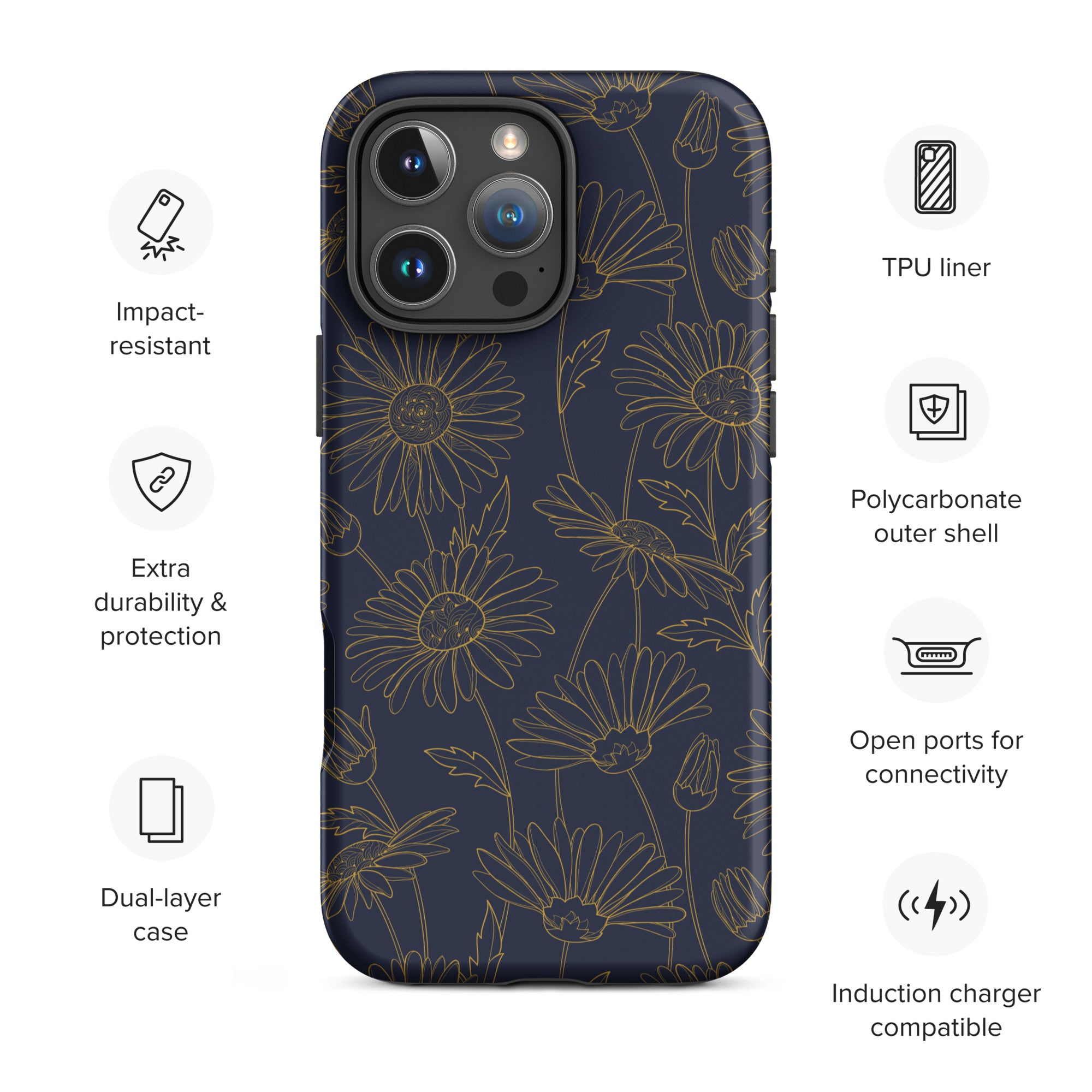 Navy and Gold Daisy Floral Tough Case for iPhone