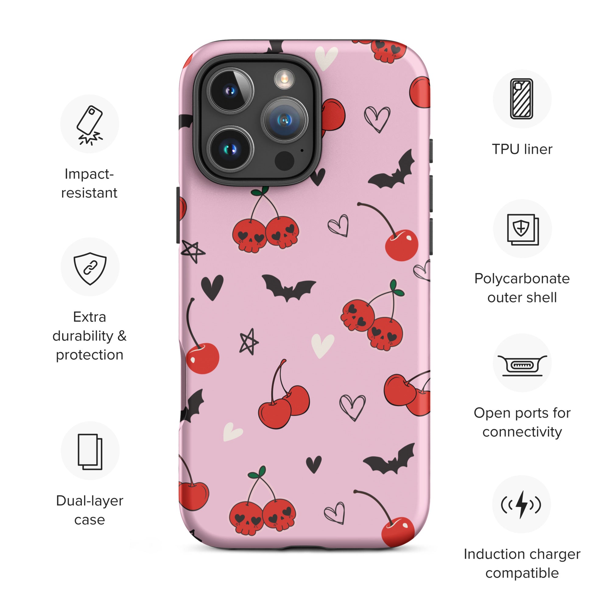 Pink Cherry Skulls & Bats Tough Case for iPhone