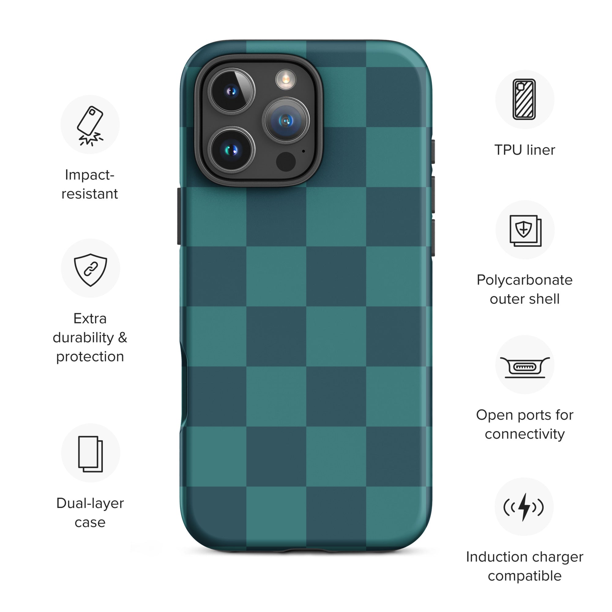 Deep Teal Checkered Tough Case for iPhone