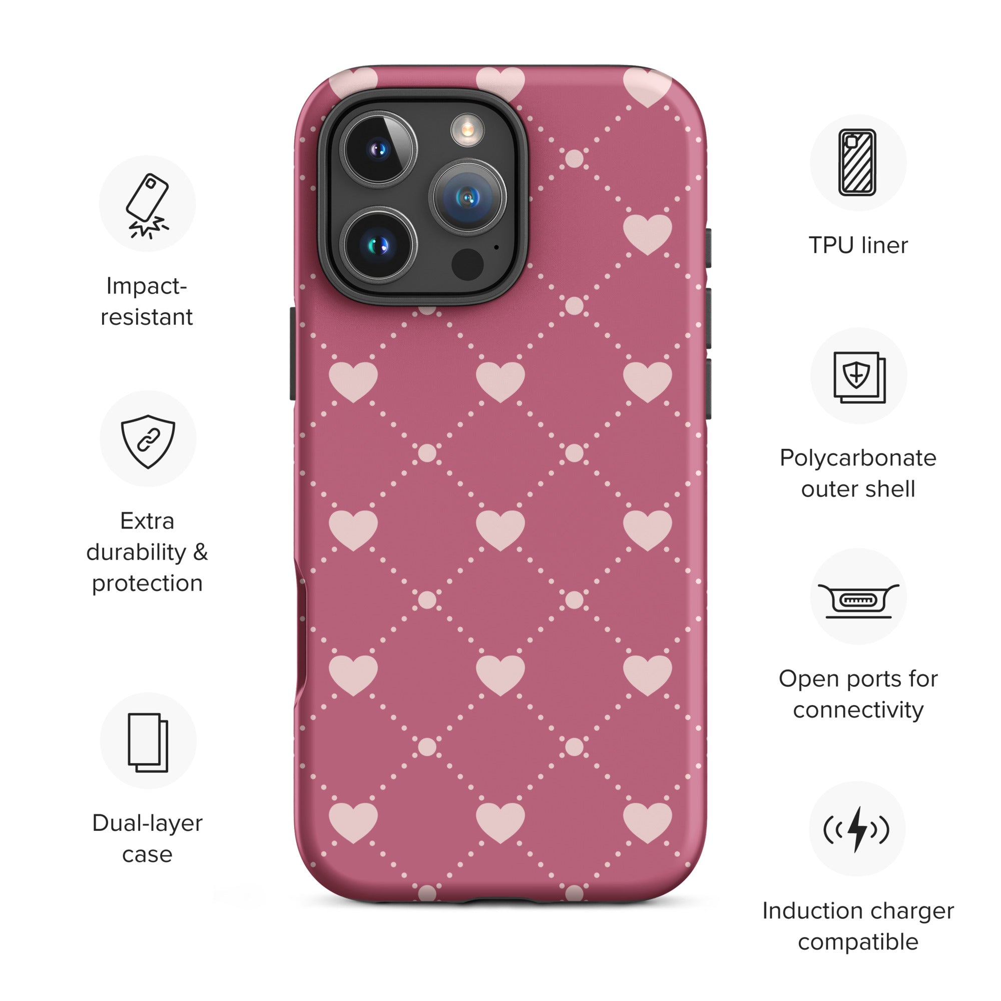 Roseberry Pink Heart Grid Tough Case for iPhone