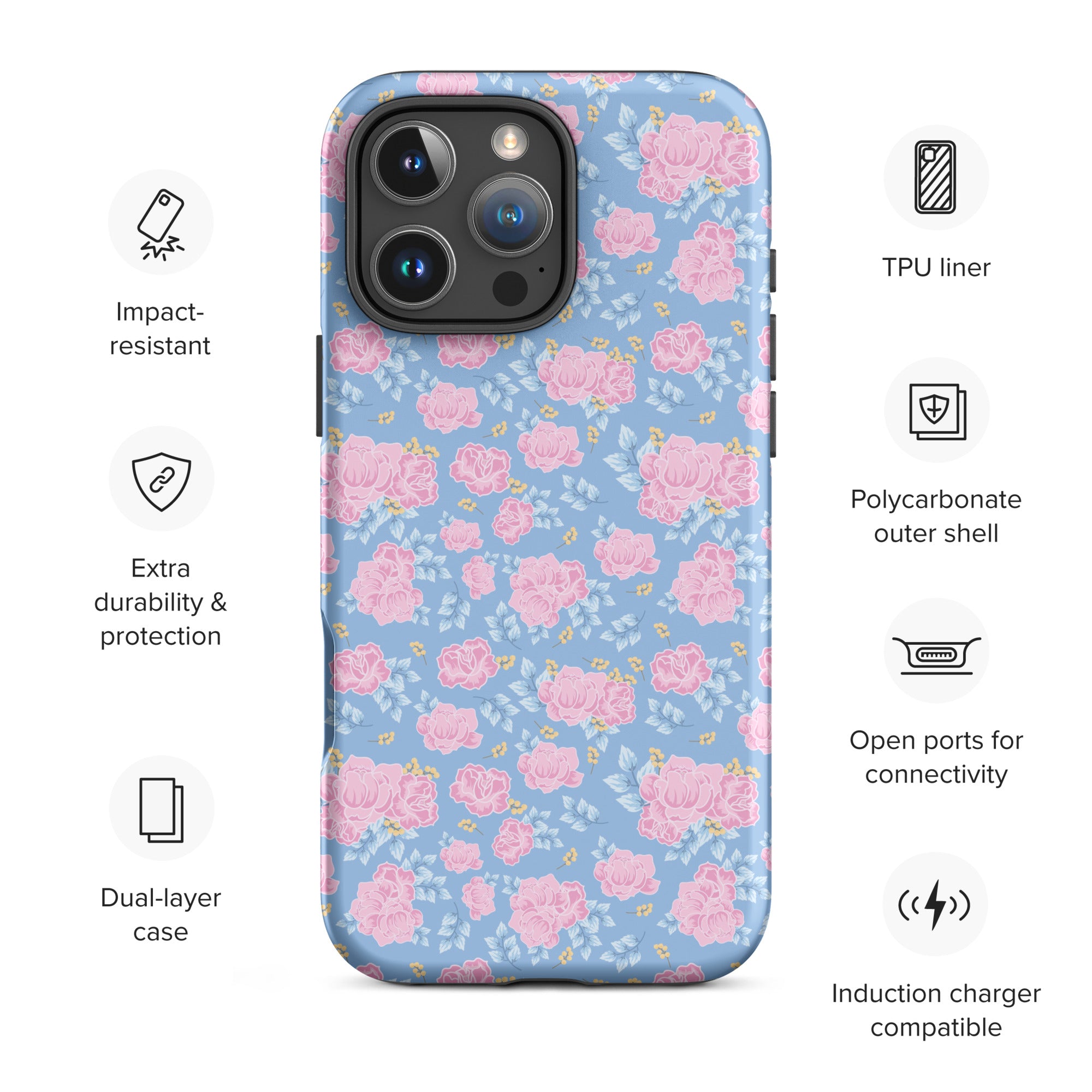 Powder Blue Pink Floral Tough Case for iPhone