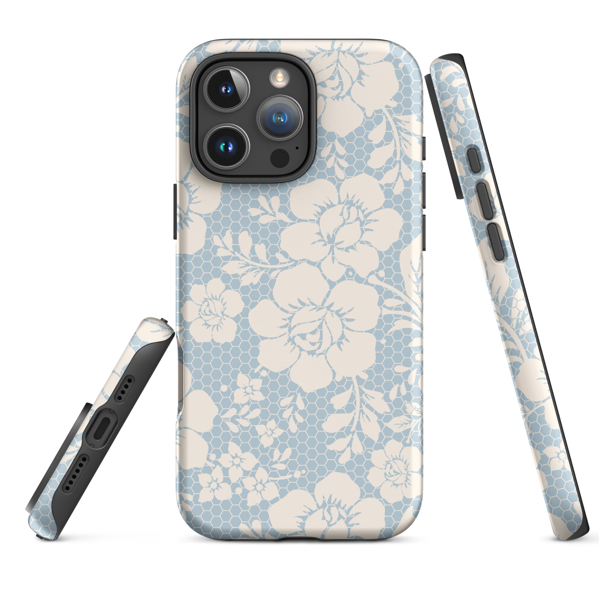 Powder Blue Lace Floral Honeycomb Tough Case for iPhone