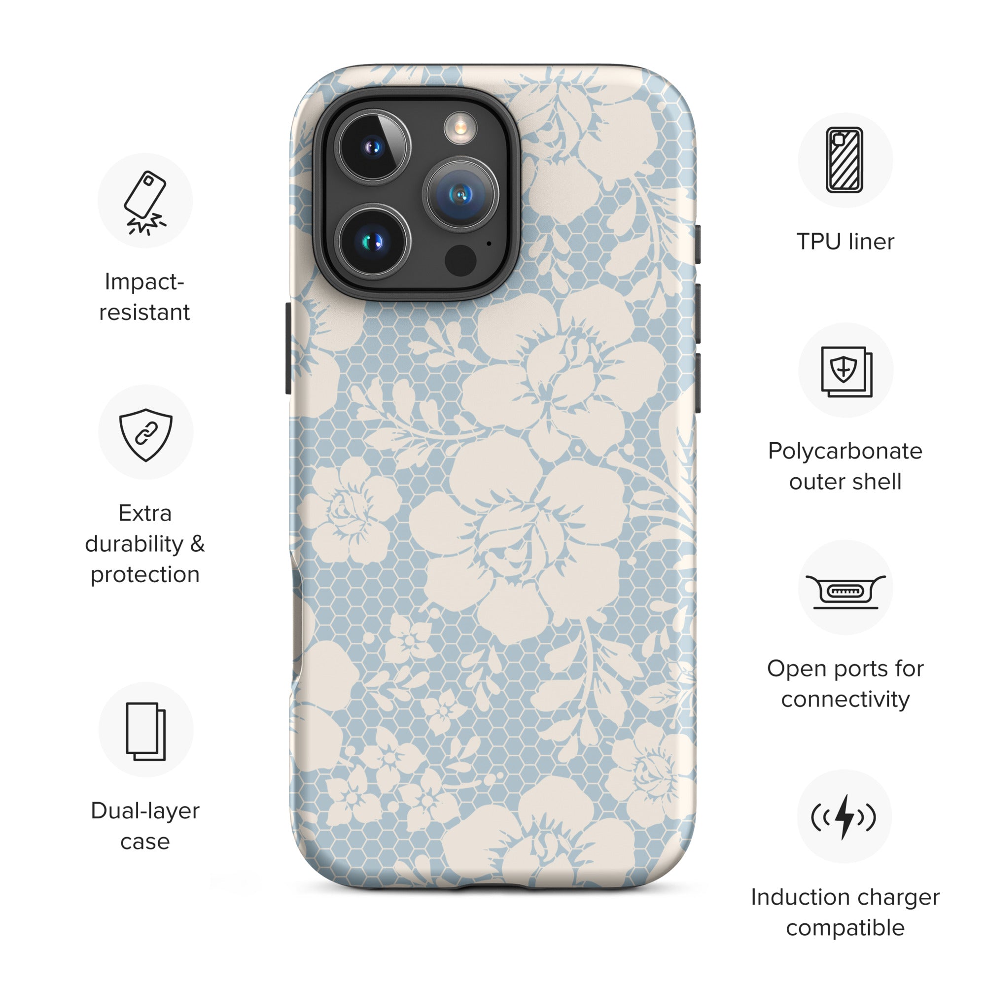 Powder Blue Lace Floral Honeycomb Tough Case for iPhone