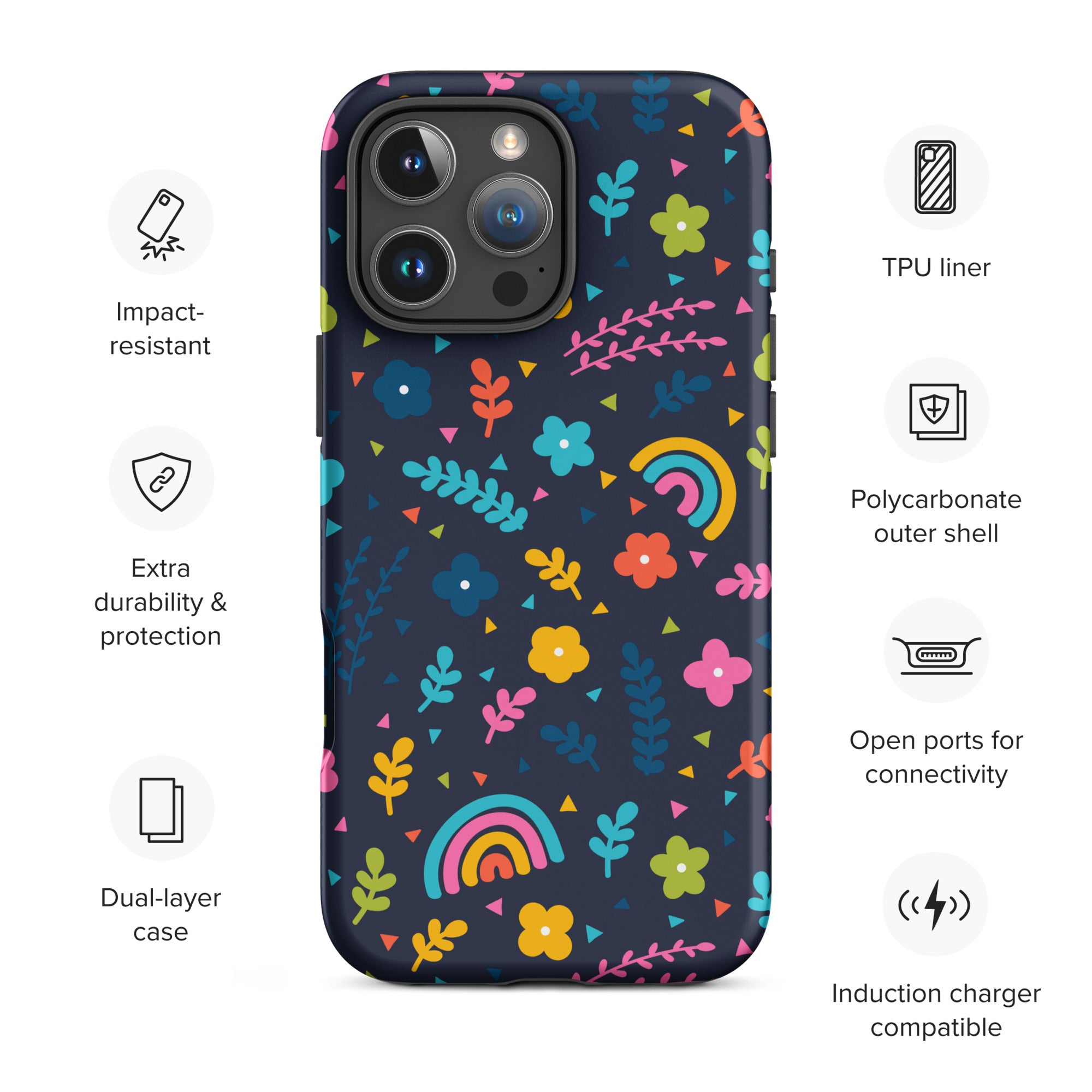 Navy Rainbow Floral Confetti Tough Case for iPhone