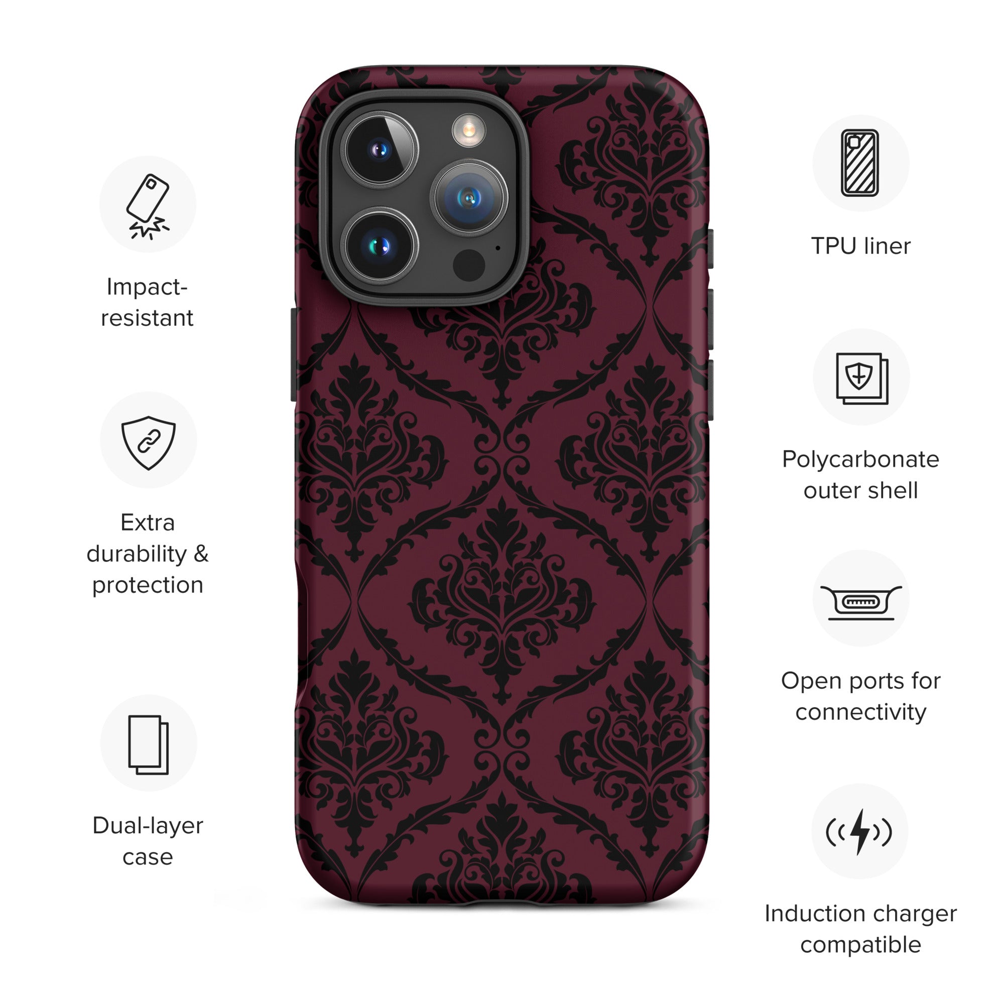 Burgundy Gothic Damask Tough Case for iPhone