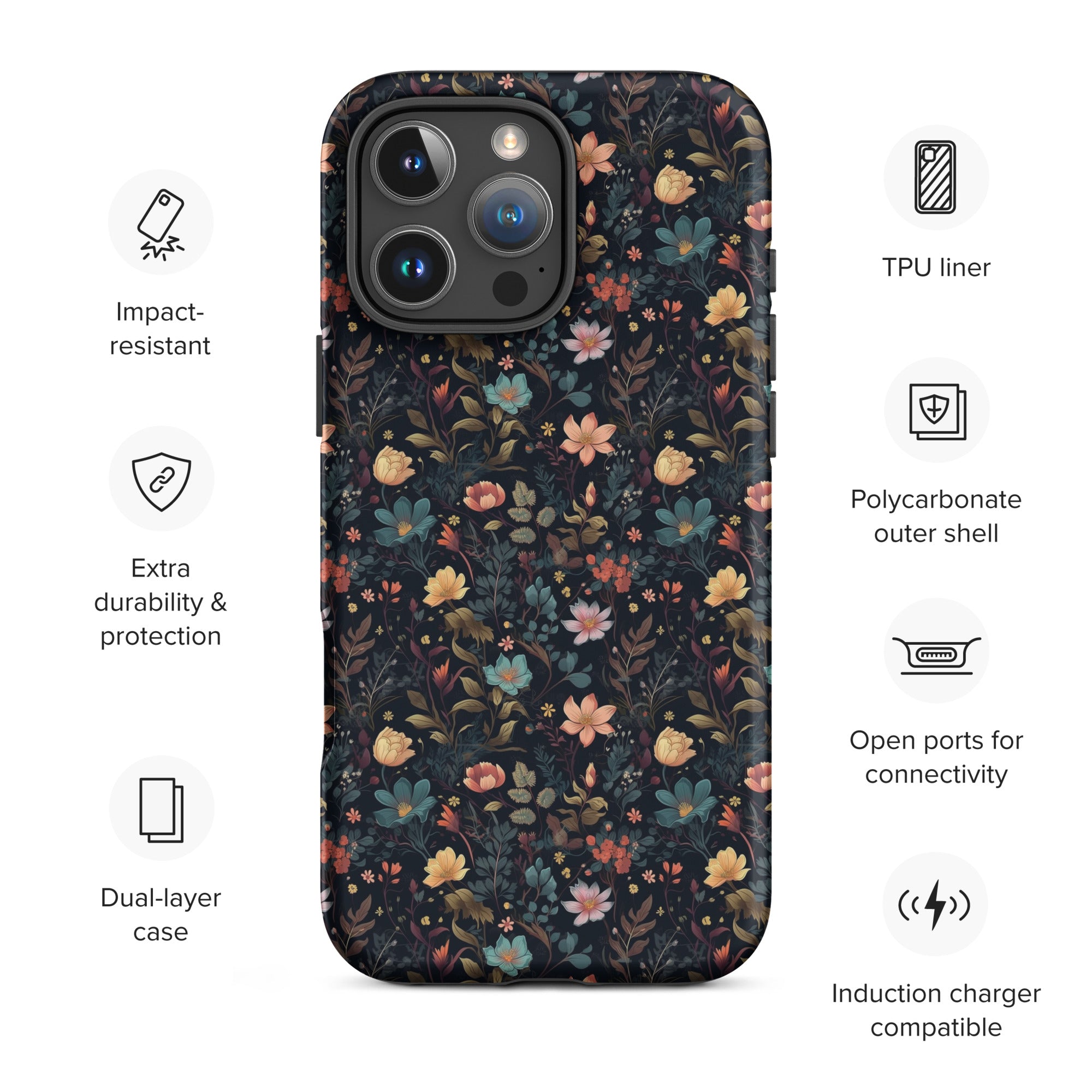 Black Gothic Floral Tough Case for iPhone