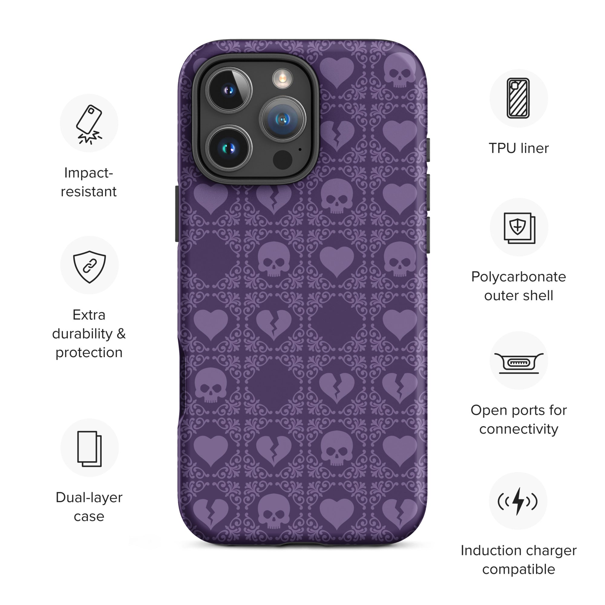 Dark Violet Gothic Heart and Skull Tough Case for iPhone