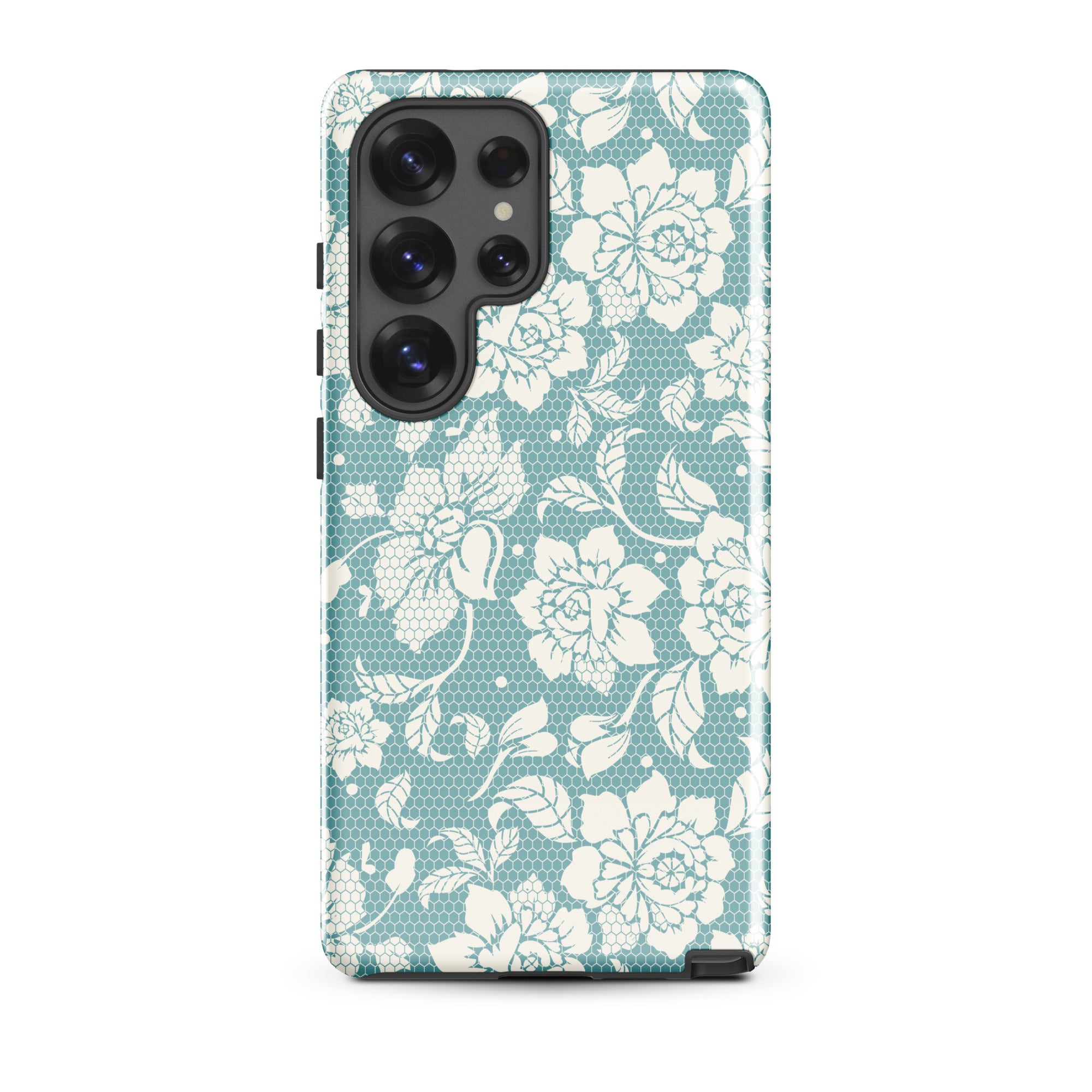 a phone case with a floral pattern in shades of blue and white.