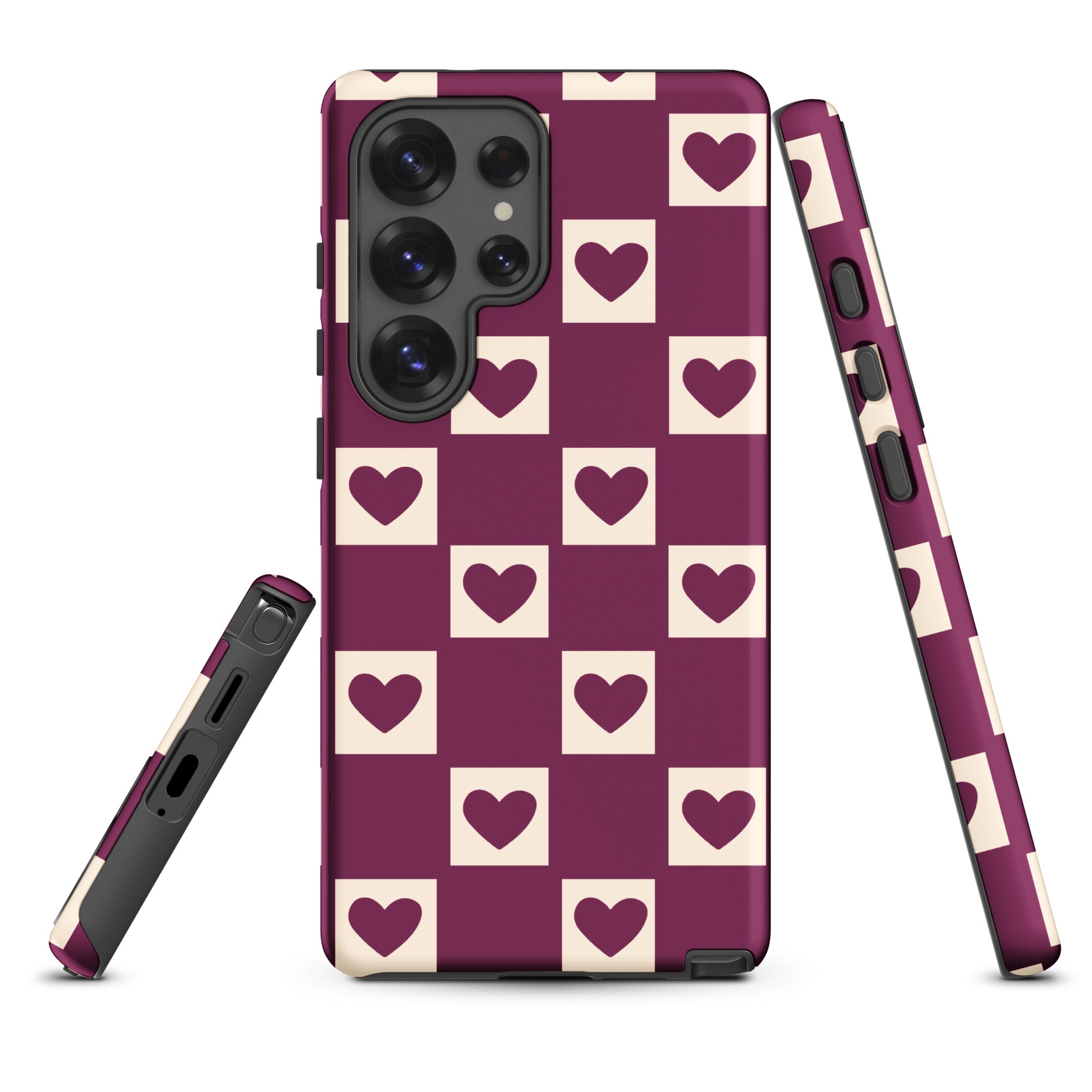 Berry Red Heart Checkered Tough Case for Samsung