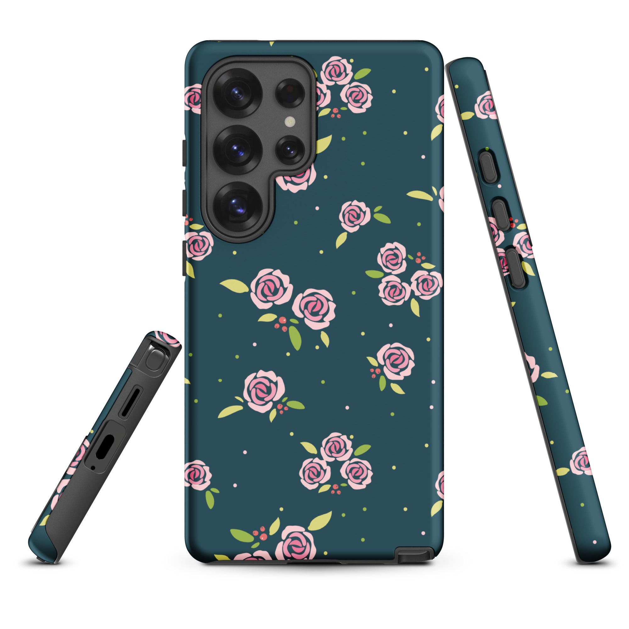 Deep Teal Floral Rose Pattern Tough Case for Samsung