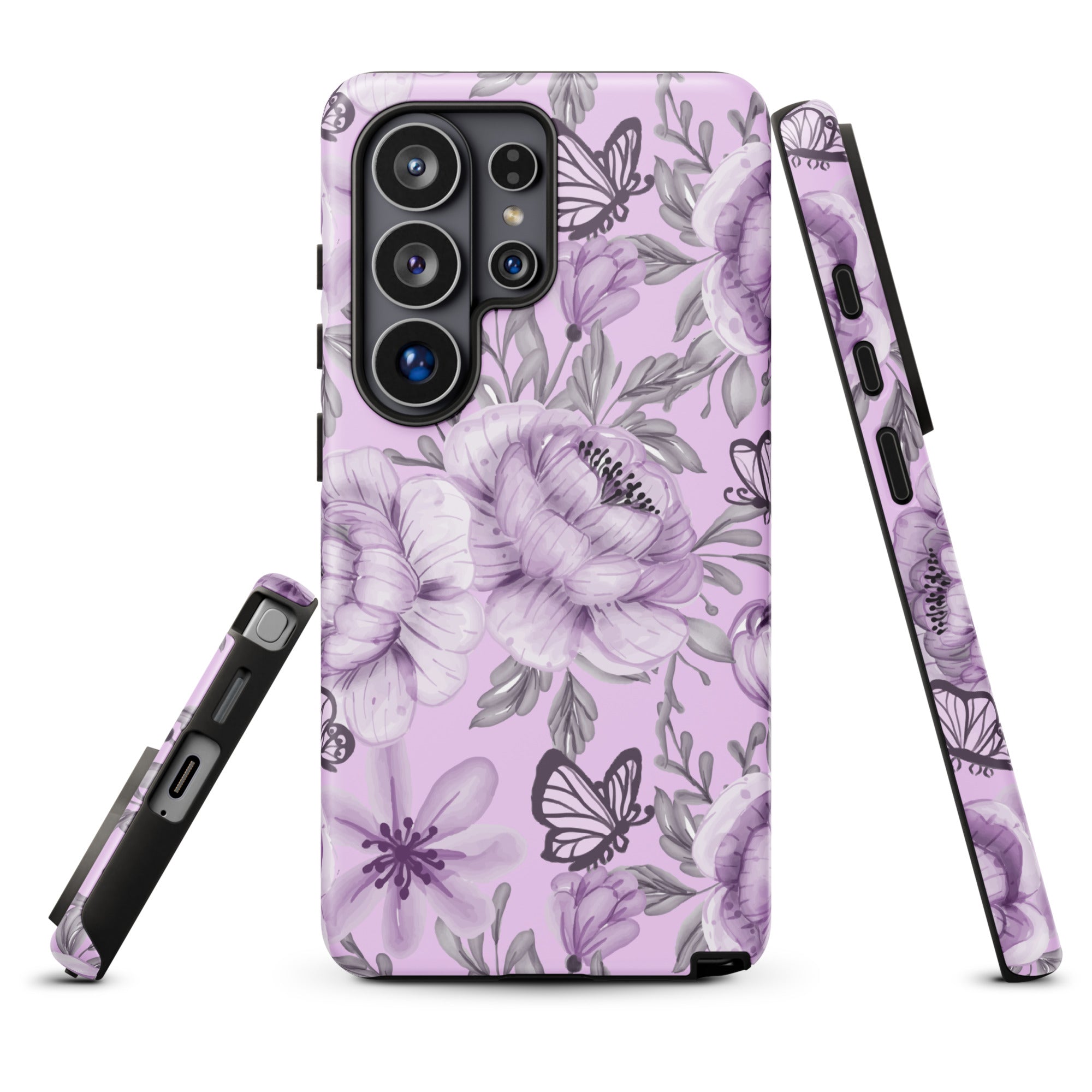 a phone case with a floral pattern in shades of purple and gray.