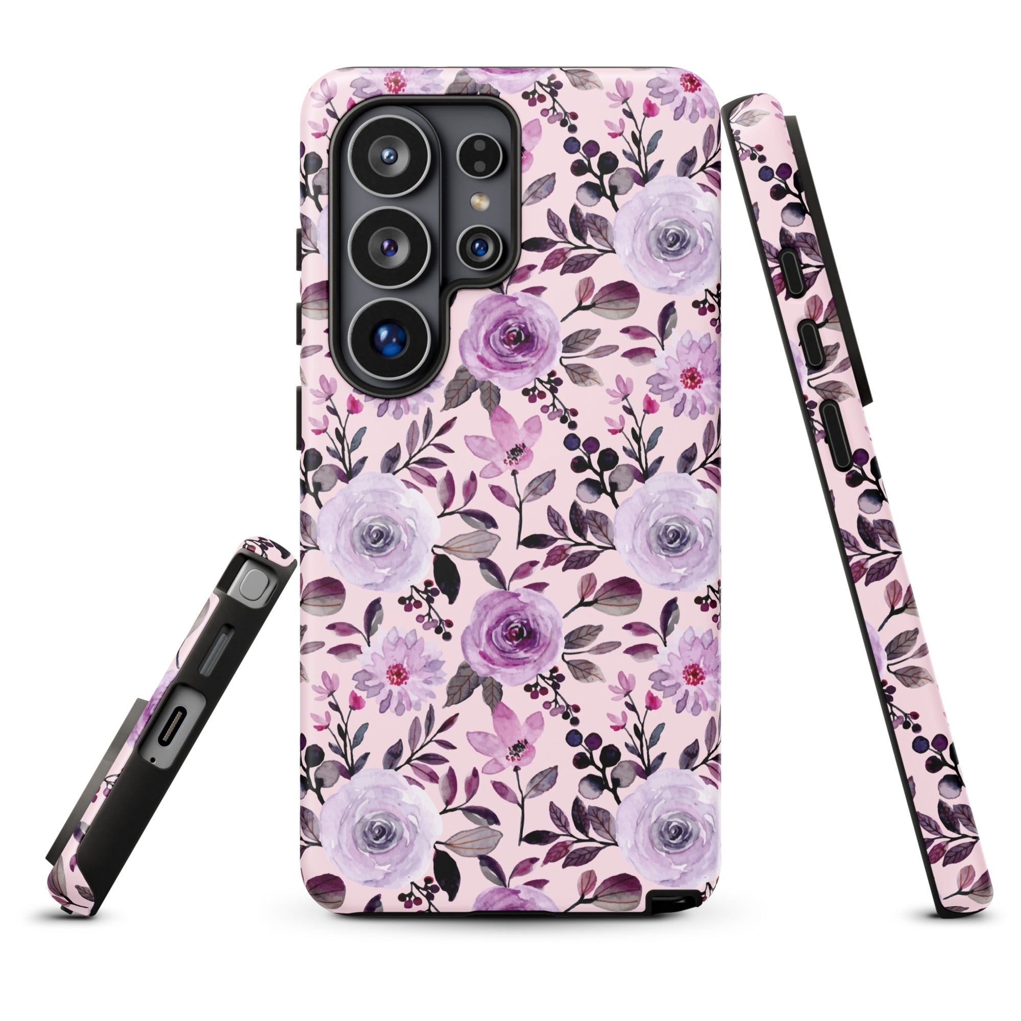 a phone case with a floral pattern in shades of pink and purple.