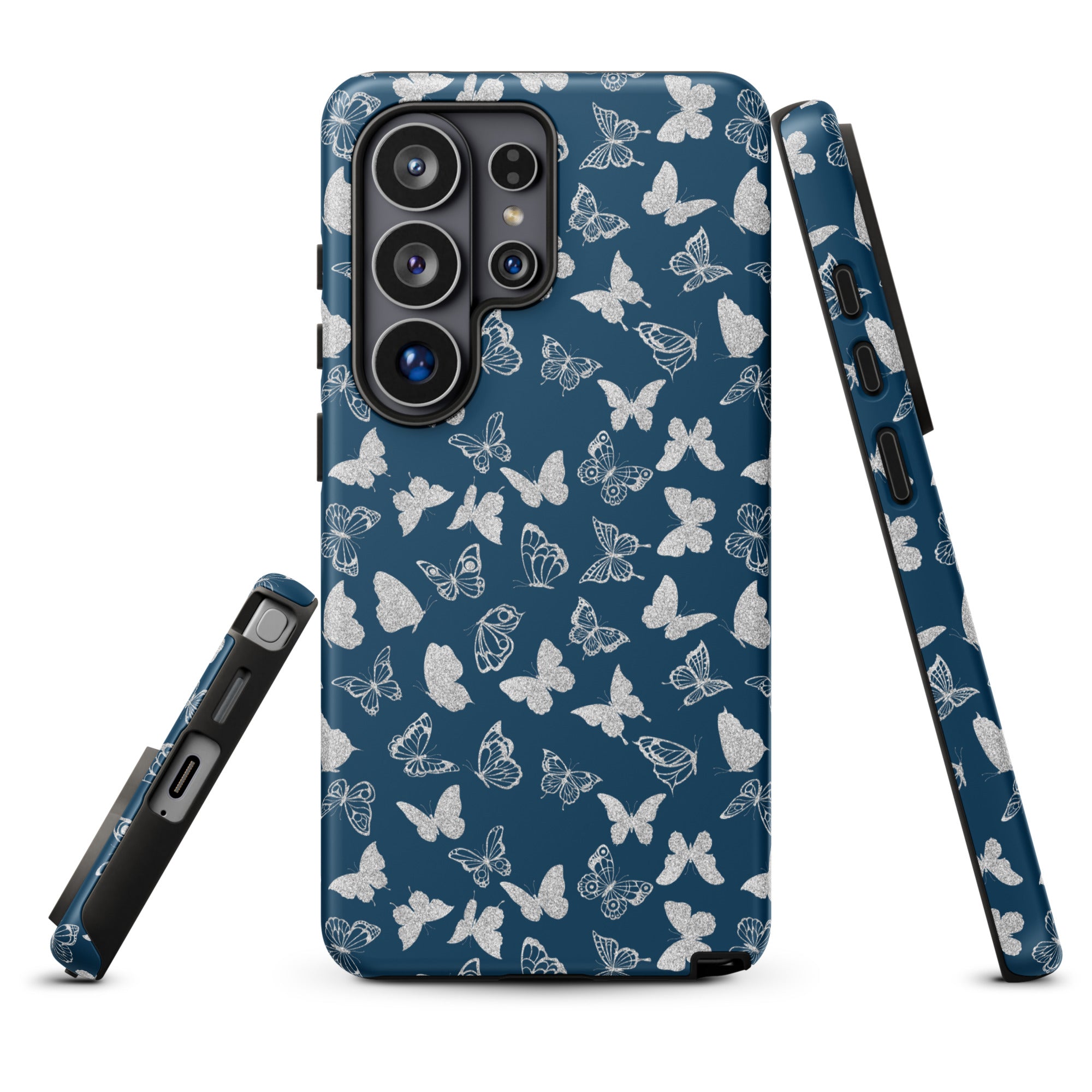 a blue phone case with a white butterfly pattern.