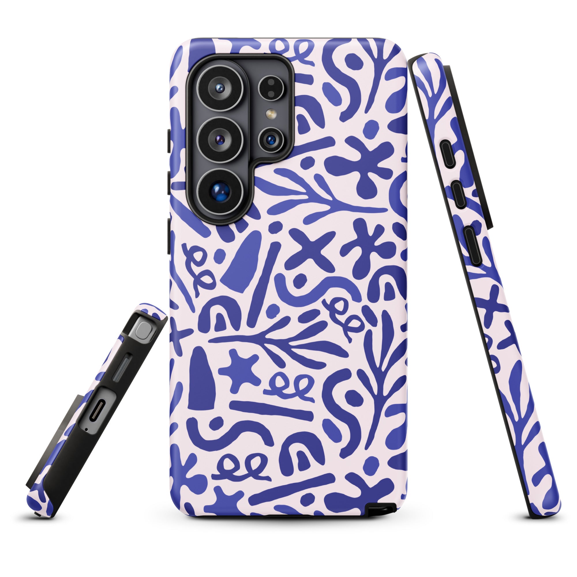 a phone case with a blue and white abstract pattern, including various shapes and designs.