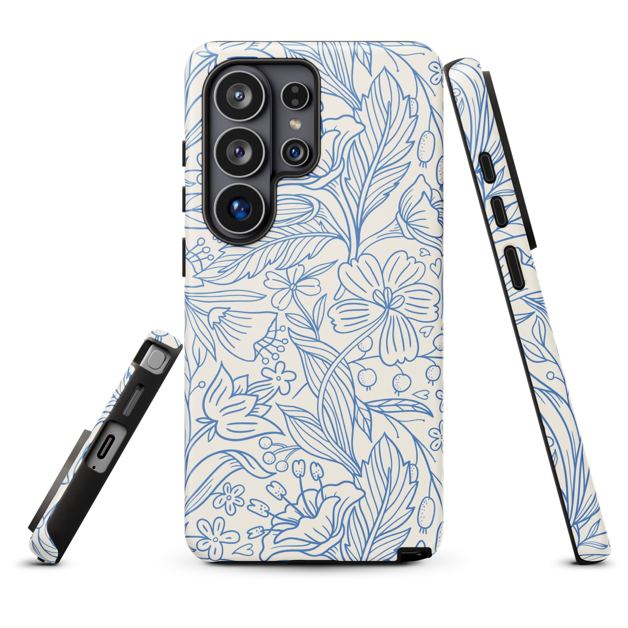 a phone case with a floral pattern in blue and white colors.