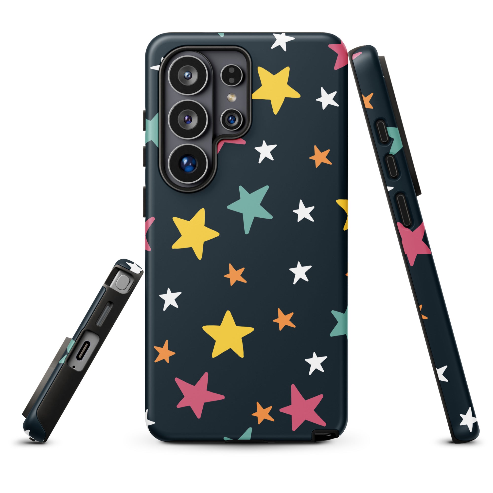 a phone case with a black background and a pattern of colorful stars on it.