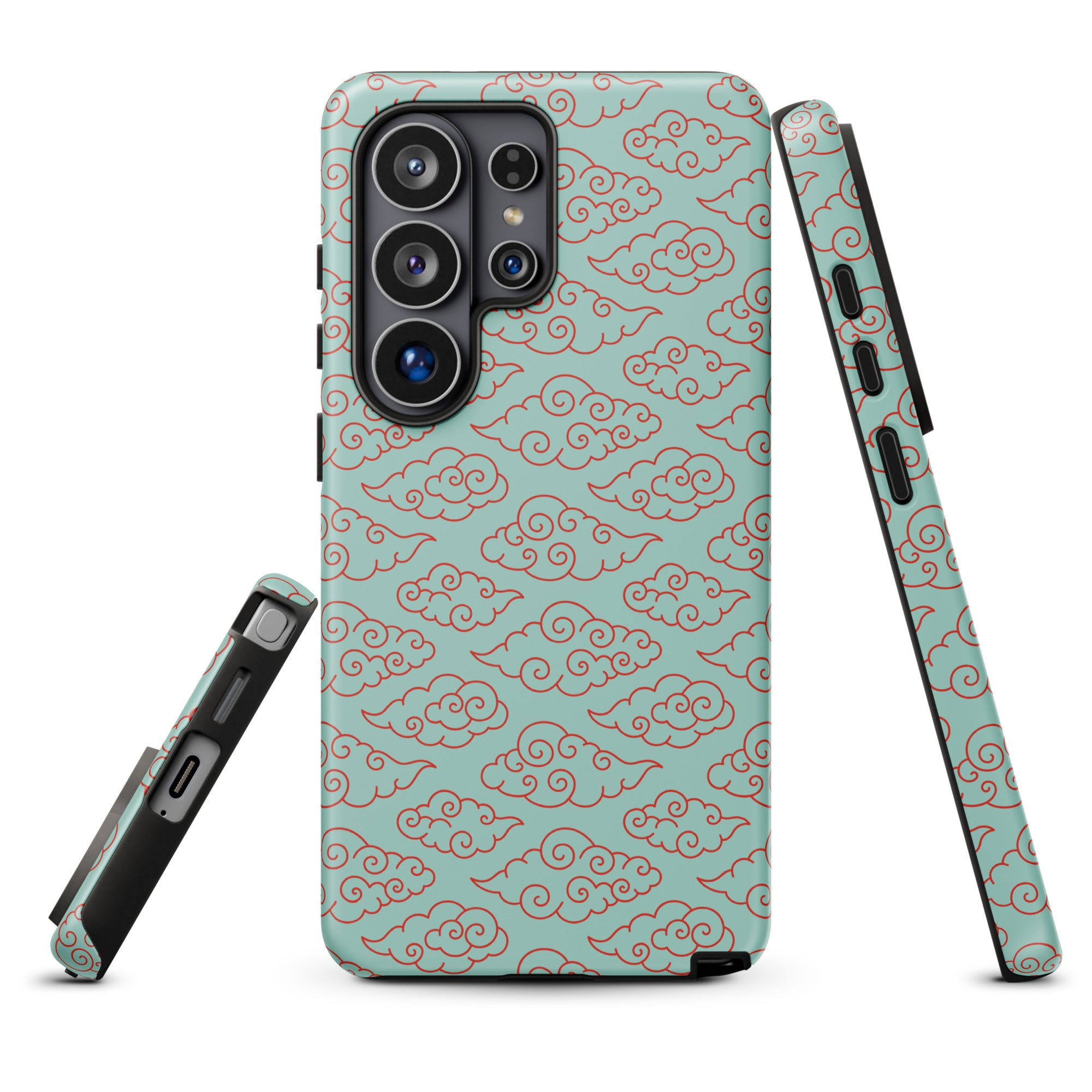 a phone case with a cloud pattern design in shades of green and red.