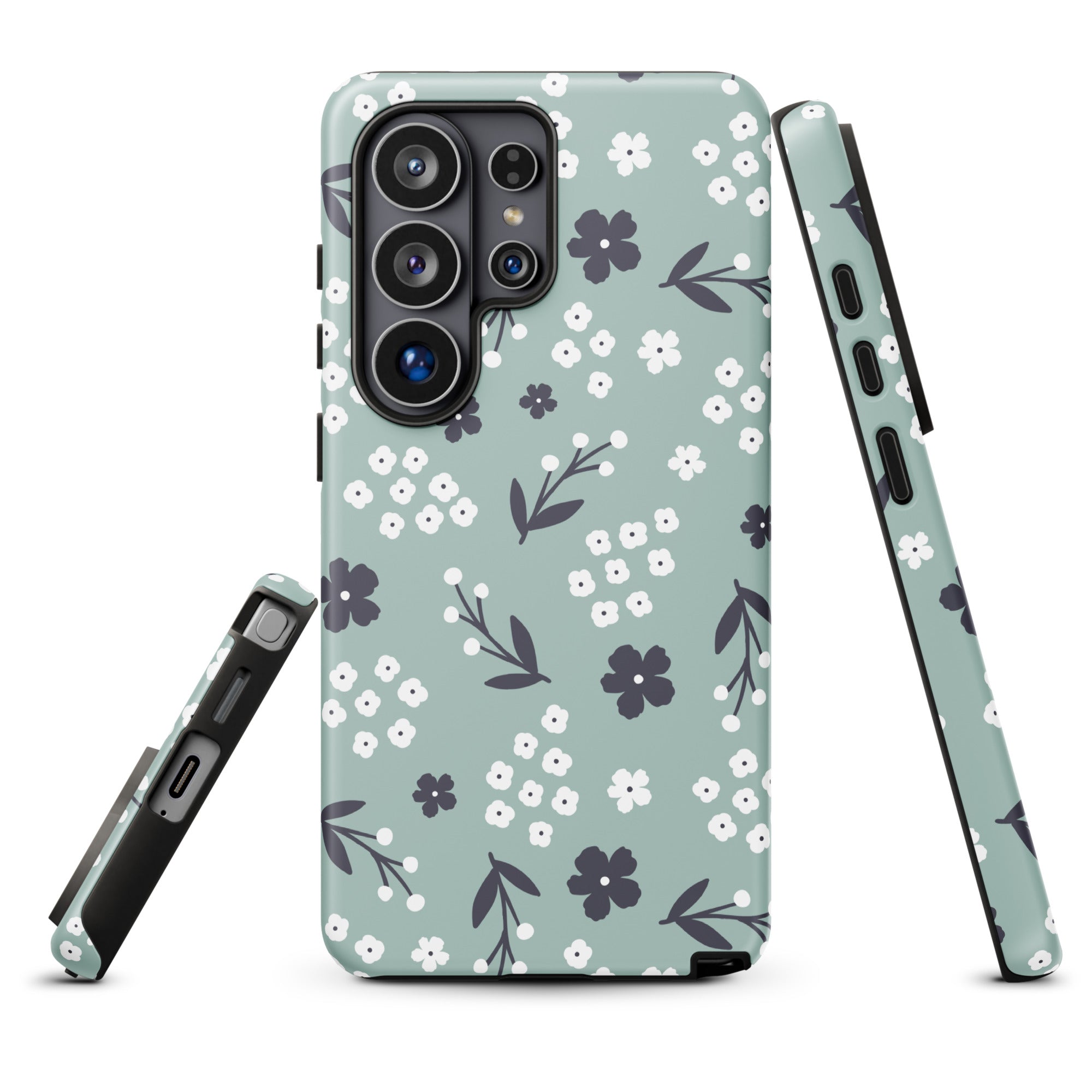 a phone case with a floral pattern in shades of mint green and white.