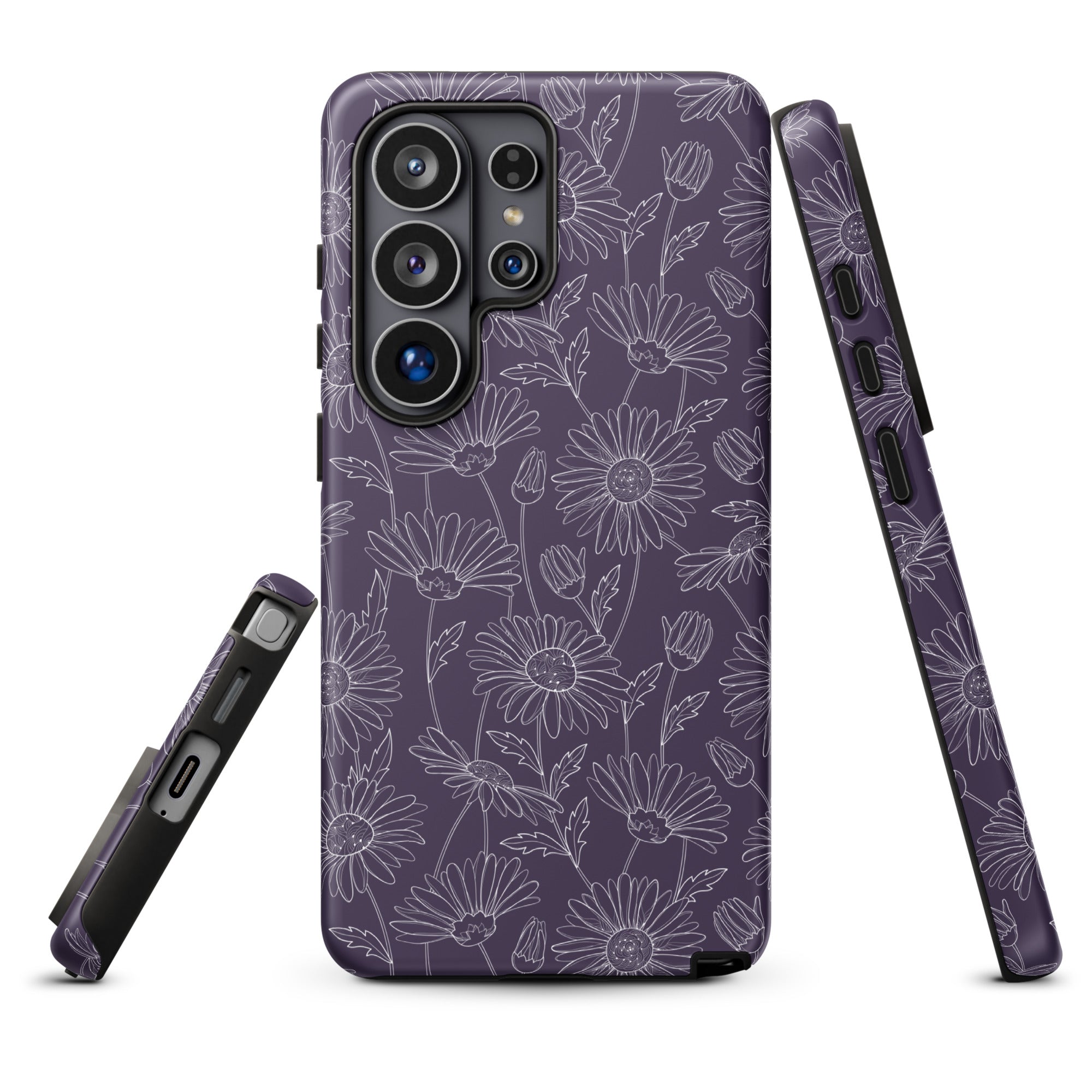 a purple phone case with a floral pattern, including white flowers and leaves.